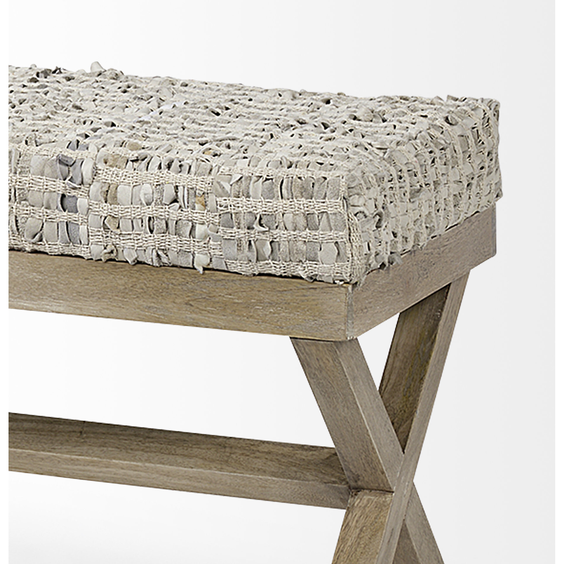 Rectangular Indian Mango Wood Light Brown Base W Beige-Toned Woven Leather Cushion Accent Bench