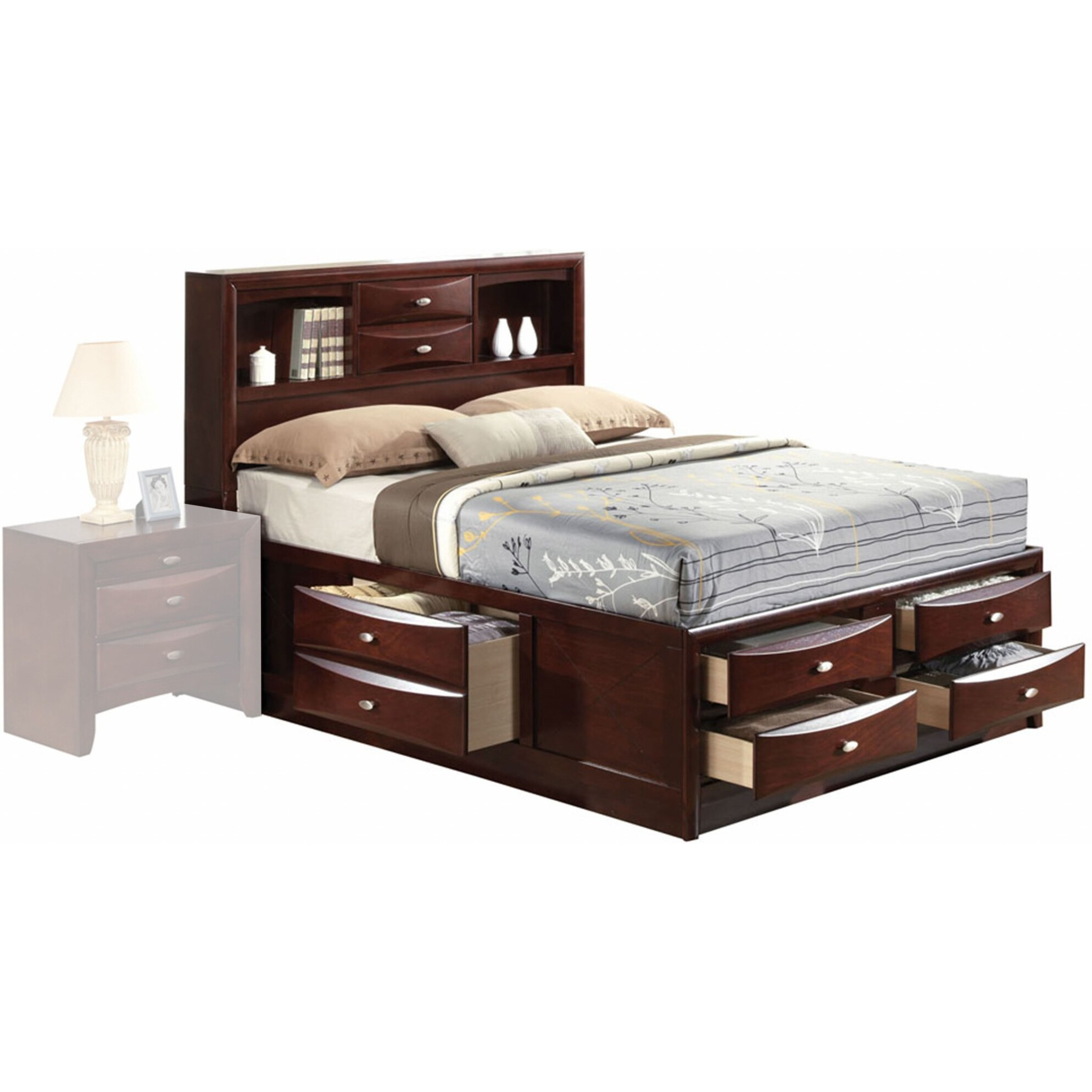 Espresso Finish Wood Multi-Drawer Platform King Bed With Pull Out Tray