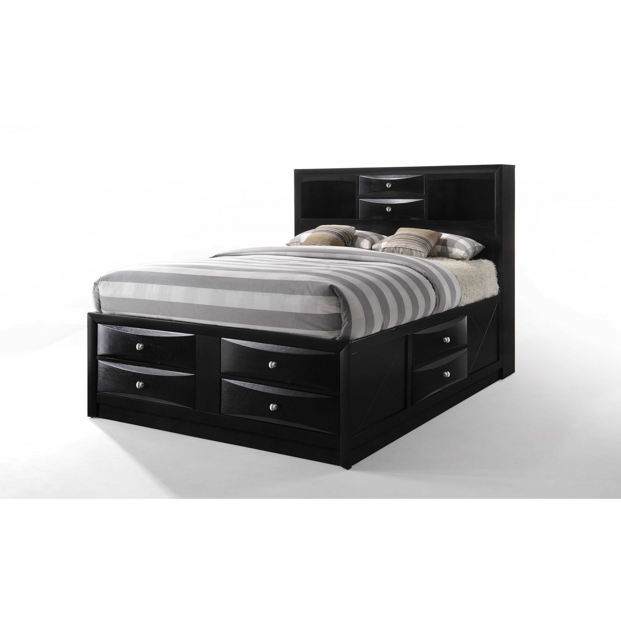 Black Multi-Drawer Queen Bed With Bookcase Headboard
