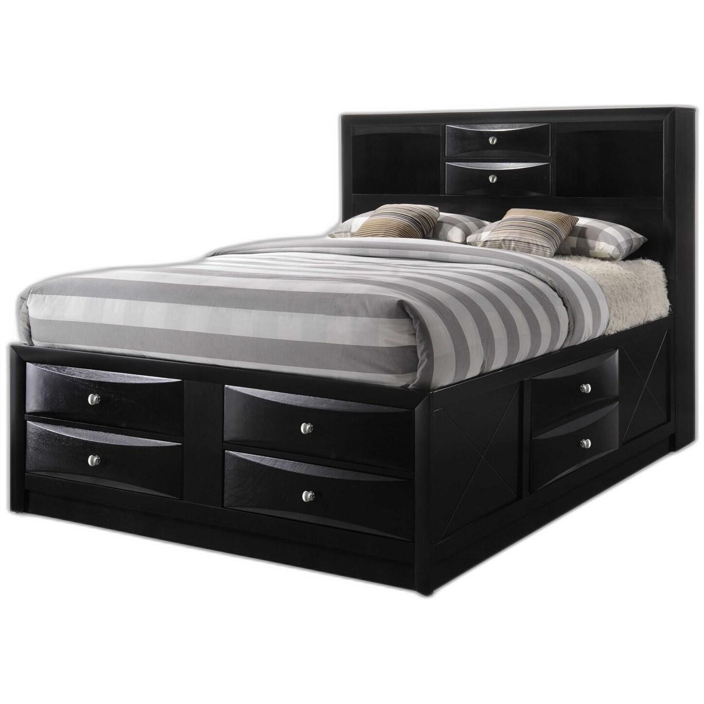 Black Multi-Drawer Queen Bed With Bookcase Headboard