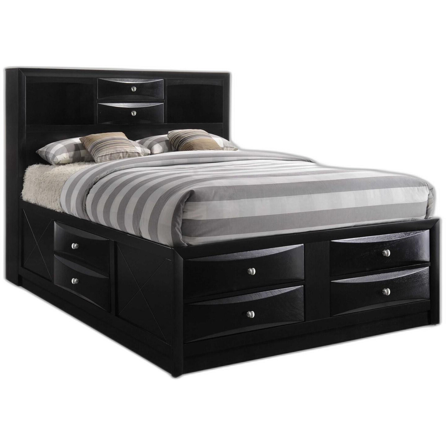 Black Multi-Drawer Queen Bed With Bookcase Headboard