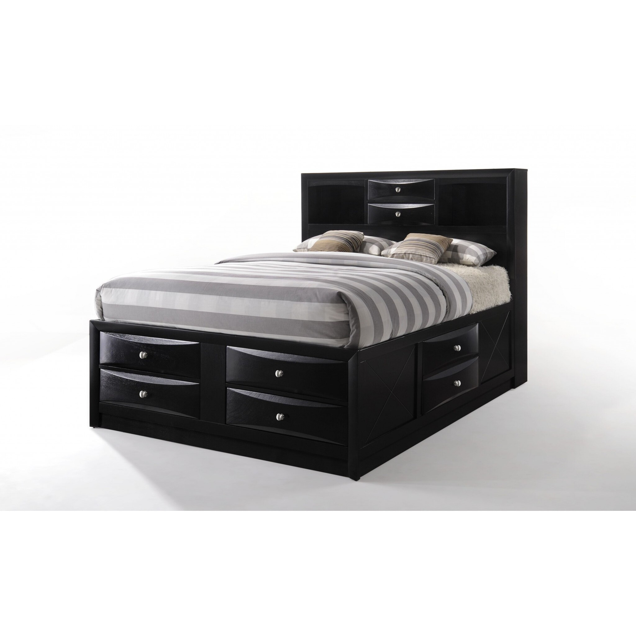 Black  Multi-Drawer Wood Platform  Full Bed With Pull Out Tray