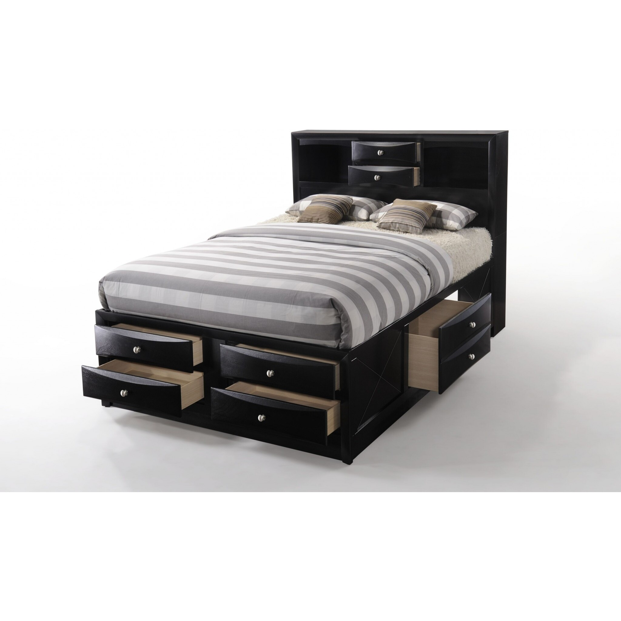 Black  Multi-Drawer Wood Platform  Full Bed With Pull Out Tray