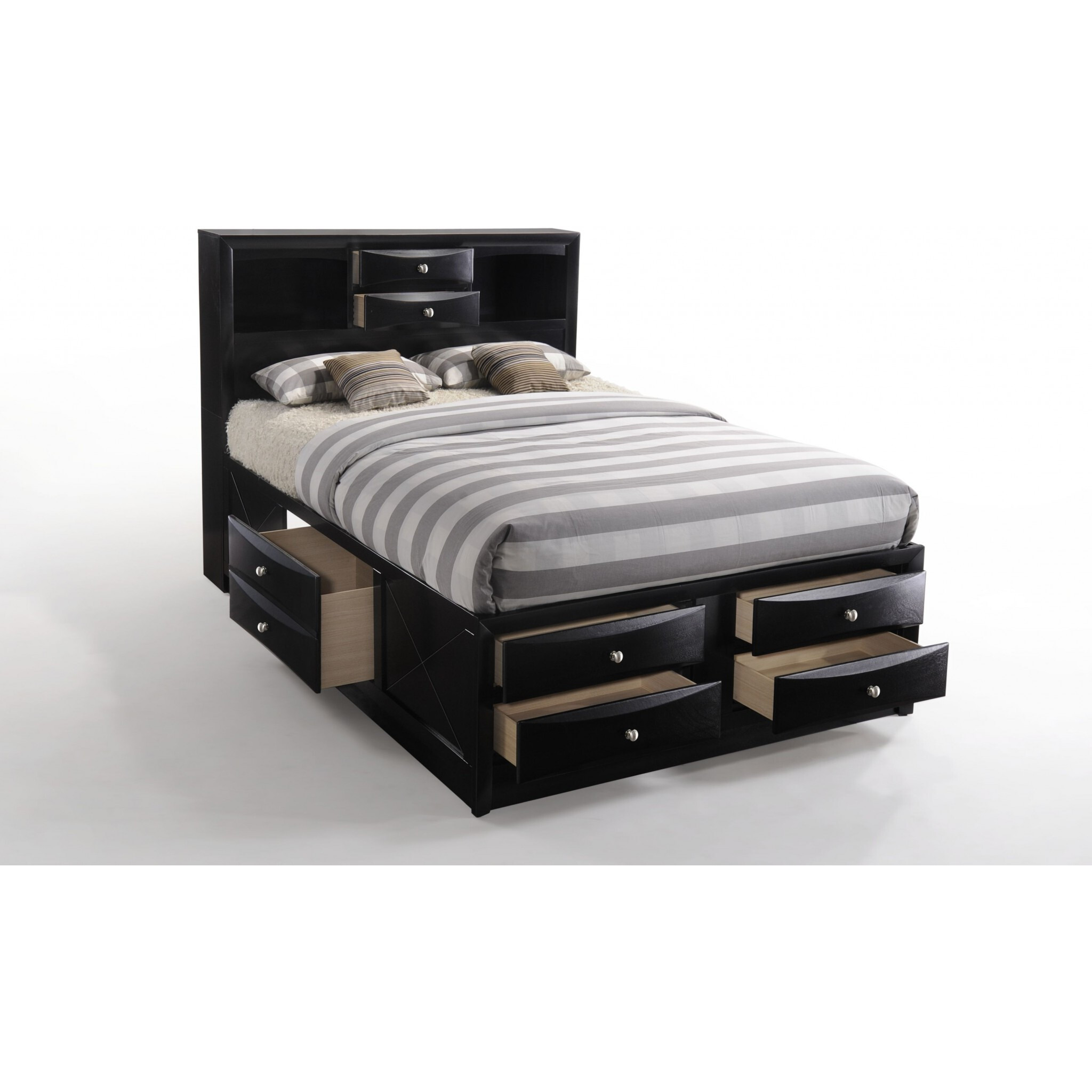 Black  Multi-Drawer Wood Platform  Full Bed With Pull Out Tray