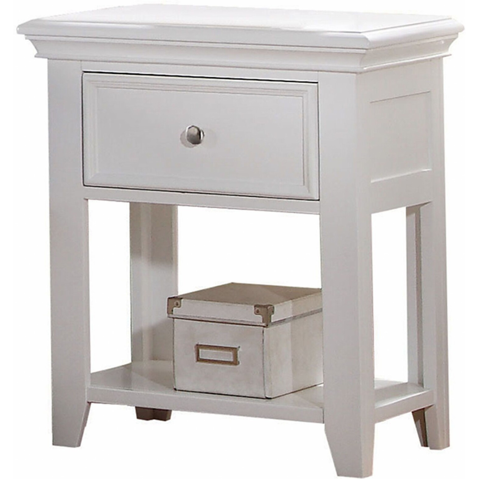 White Wood  Nightstand With 1 Drawer And Shelf