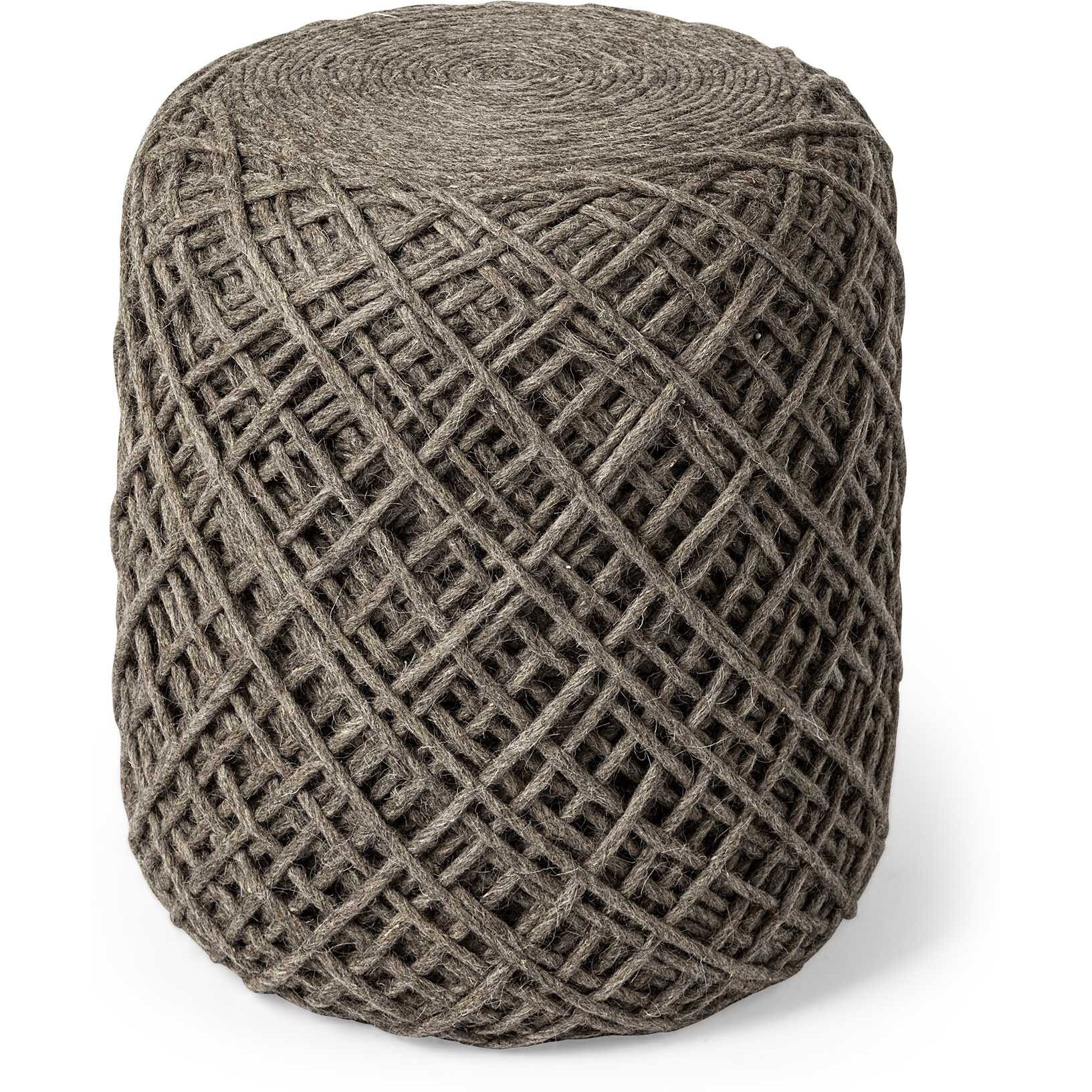 Brown Wool Cylindrical Pouf With Diamond Pattern