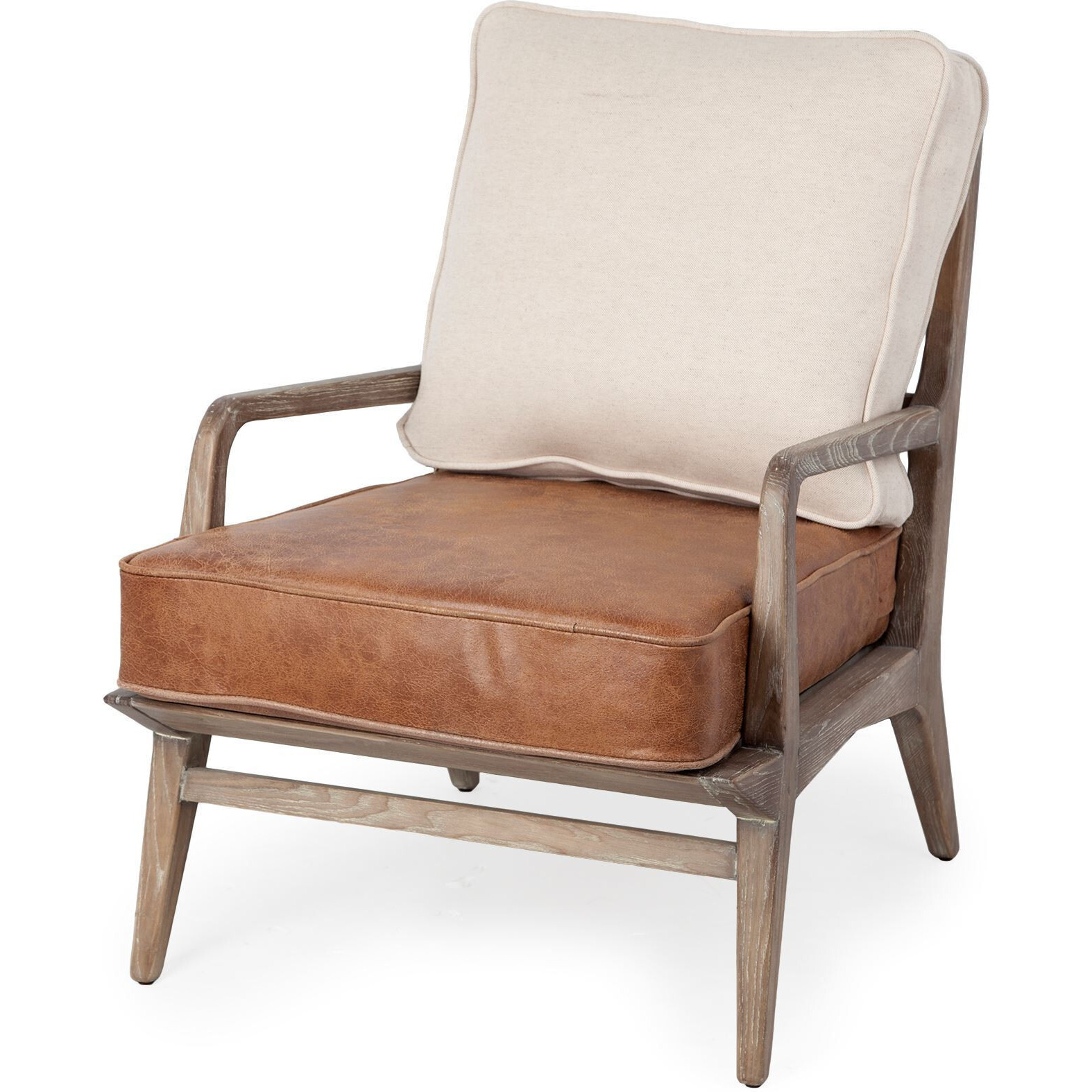 Brown Leather Seat Accent Chair With Off White Fabric