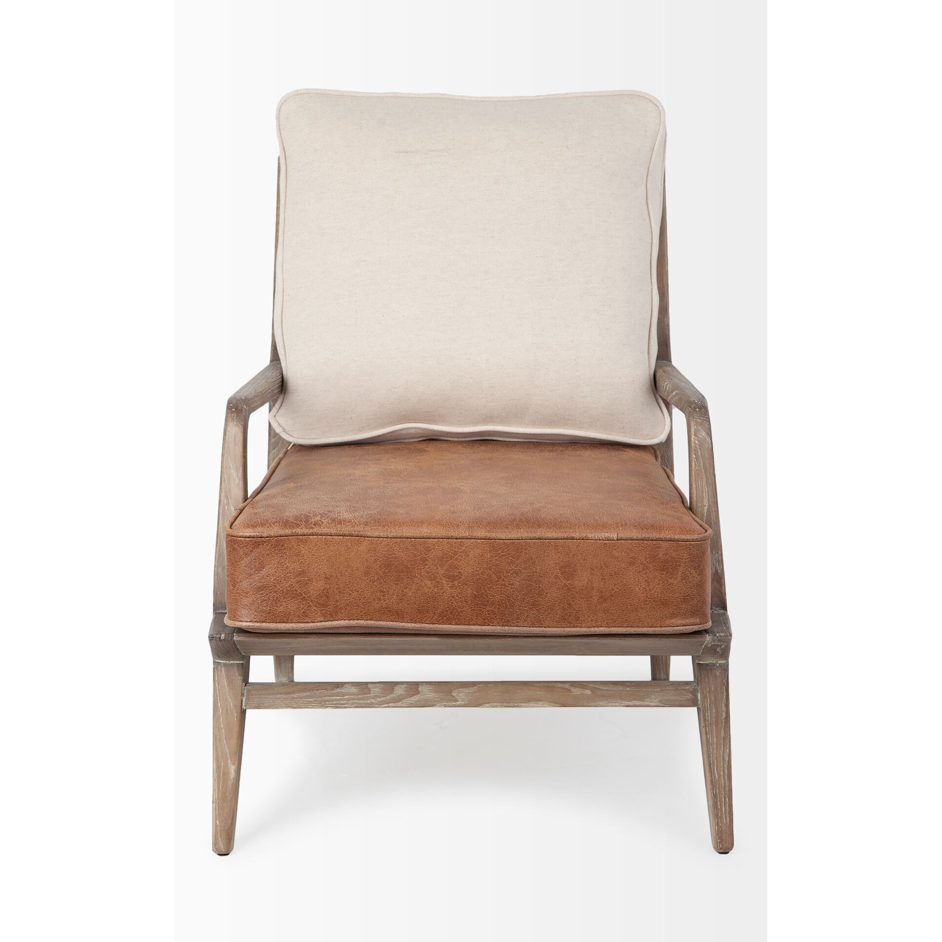 Brown Leather Seat Accent Chair With Off White Fabric