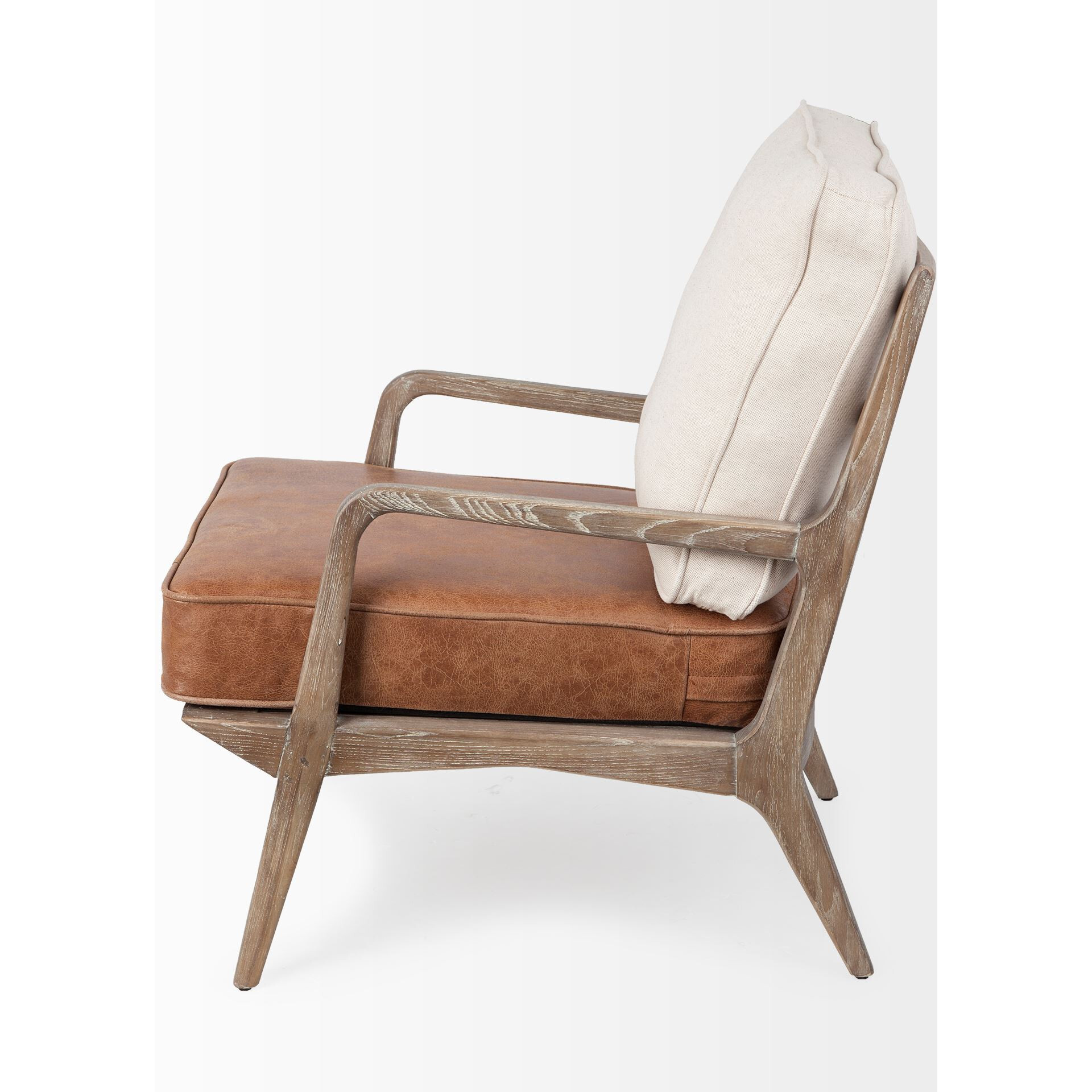 Brown Leather Seat Accent Chair With Off White Fabric