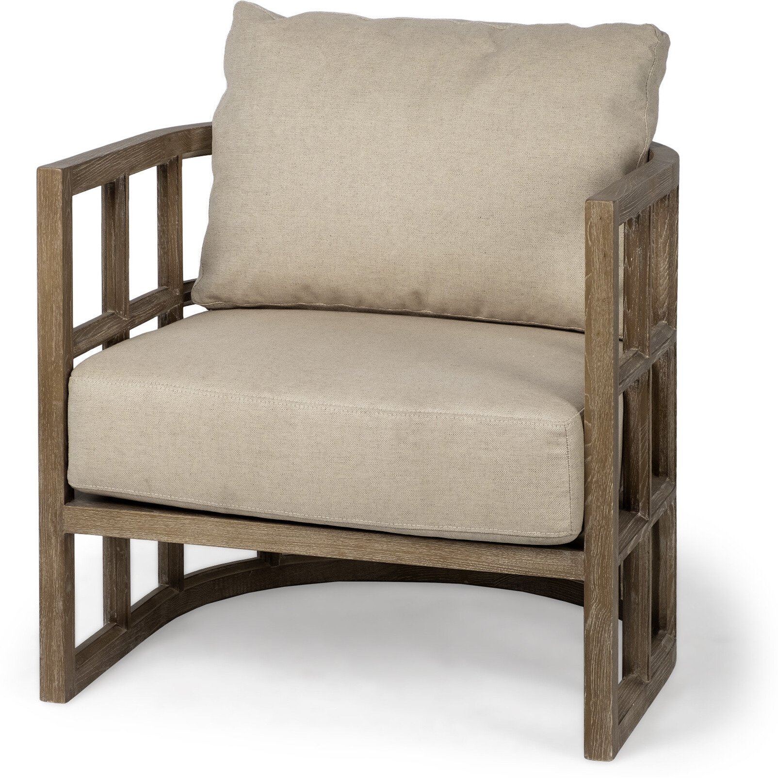 Tan Fabric Covered Cushioned Demi Lune Accent Chair With Wooden Frame