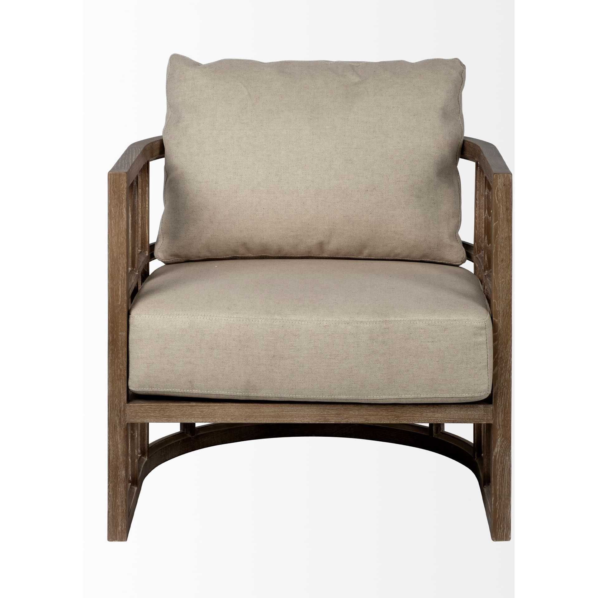 Tan Fabric Covered Cushioned Demi Lune Accent Chair With Wooden Frame