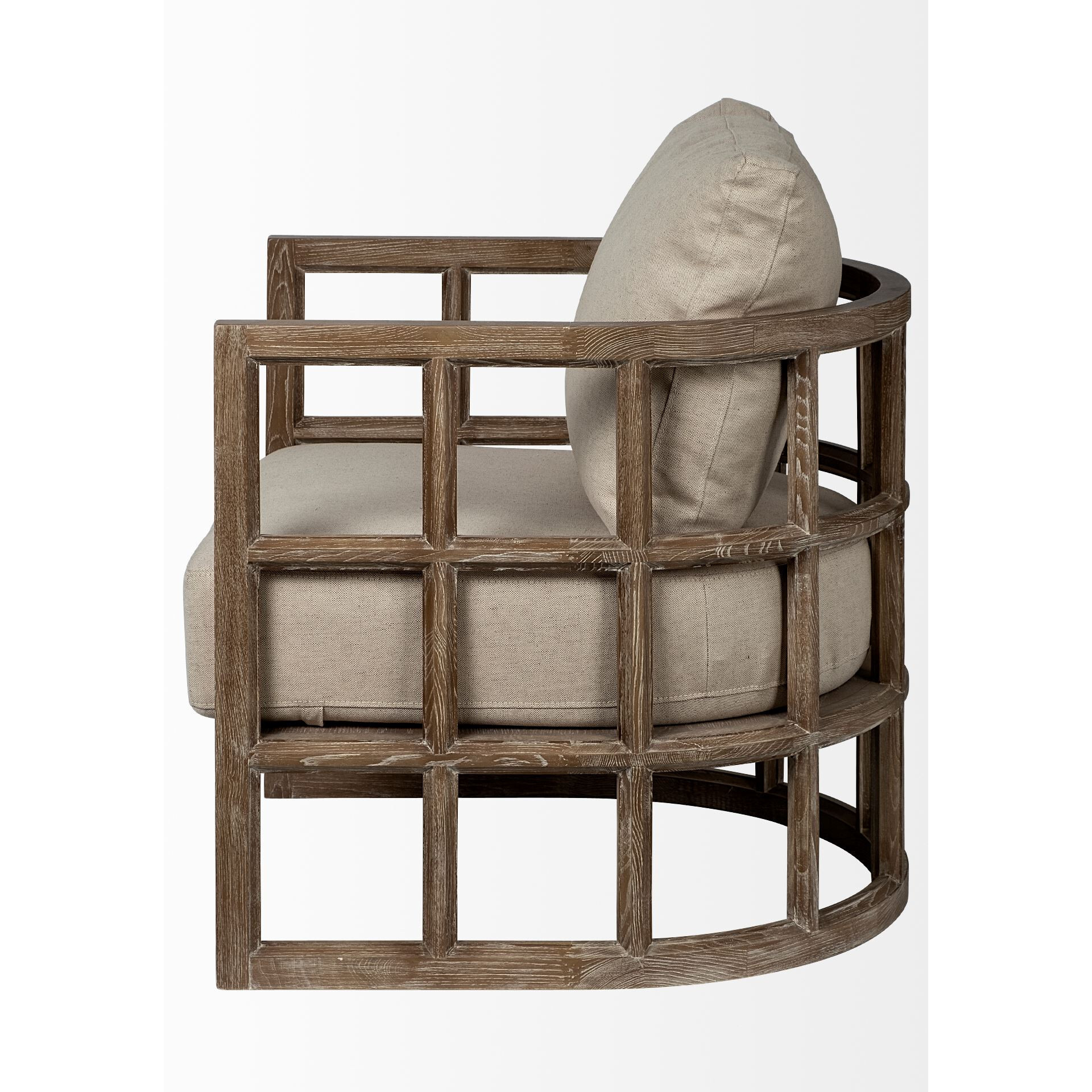 Tan Fabric Covered Cushioned Demi Lune Accent Chair With Wooden Frame