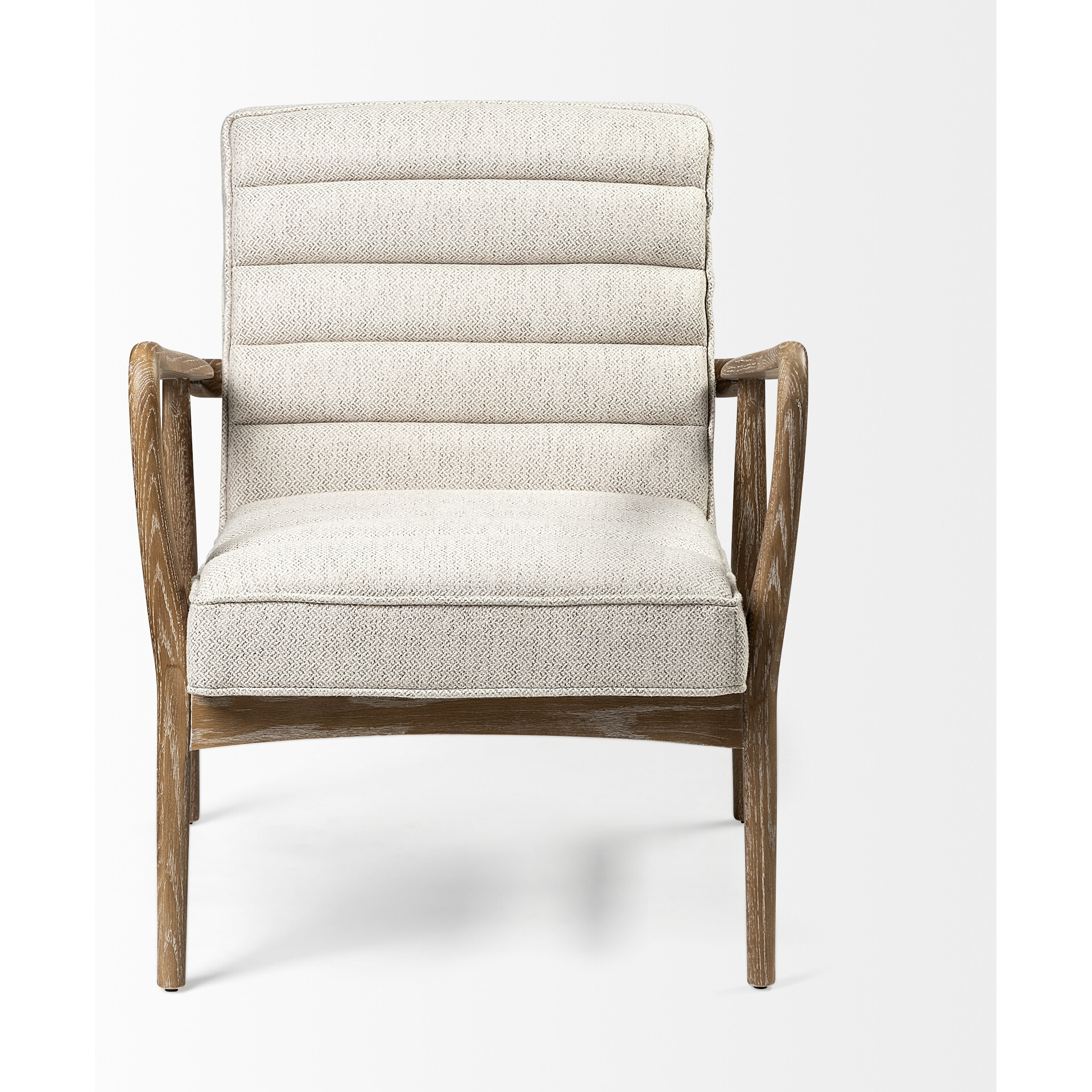 Cream Fabric Wrapped Medium Brown Accent Chair With Wooden Frame