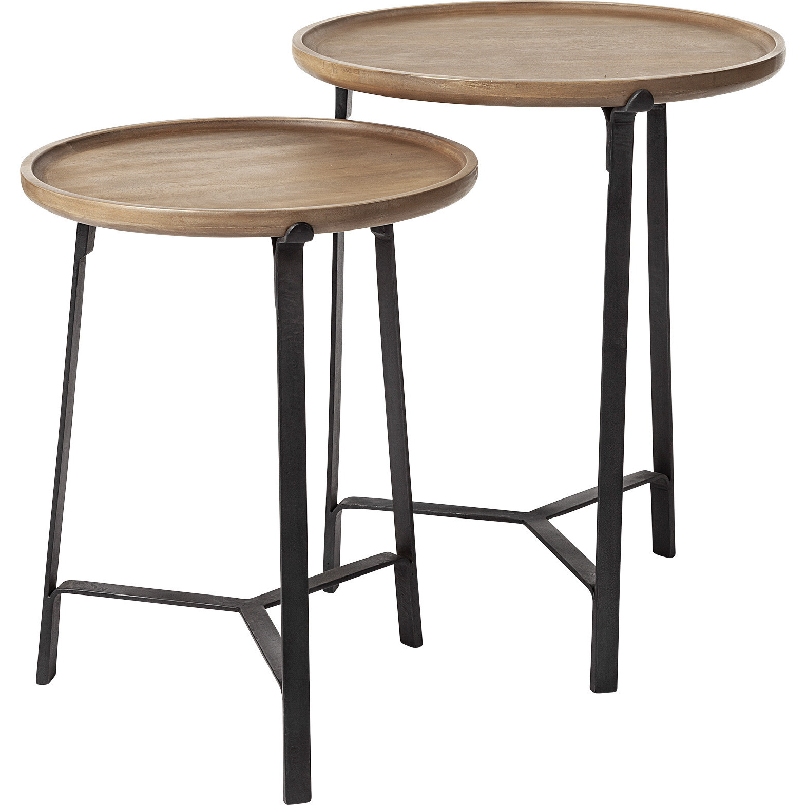 Set Of 2 Round Brown Solid Wood Iron Base Nesting Side Tables