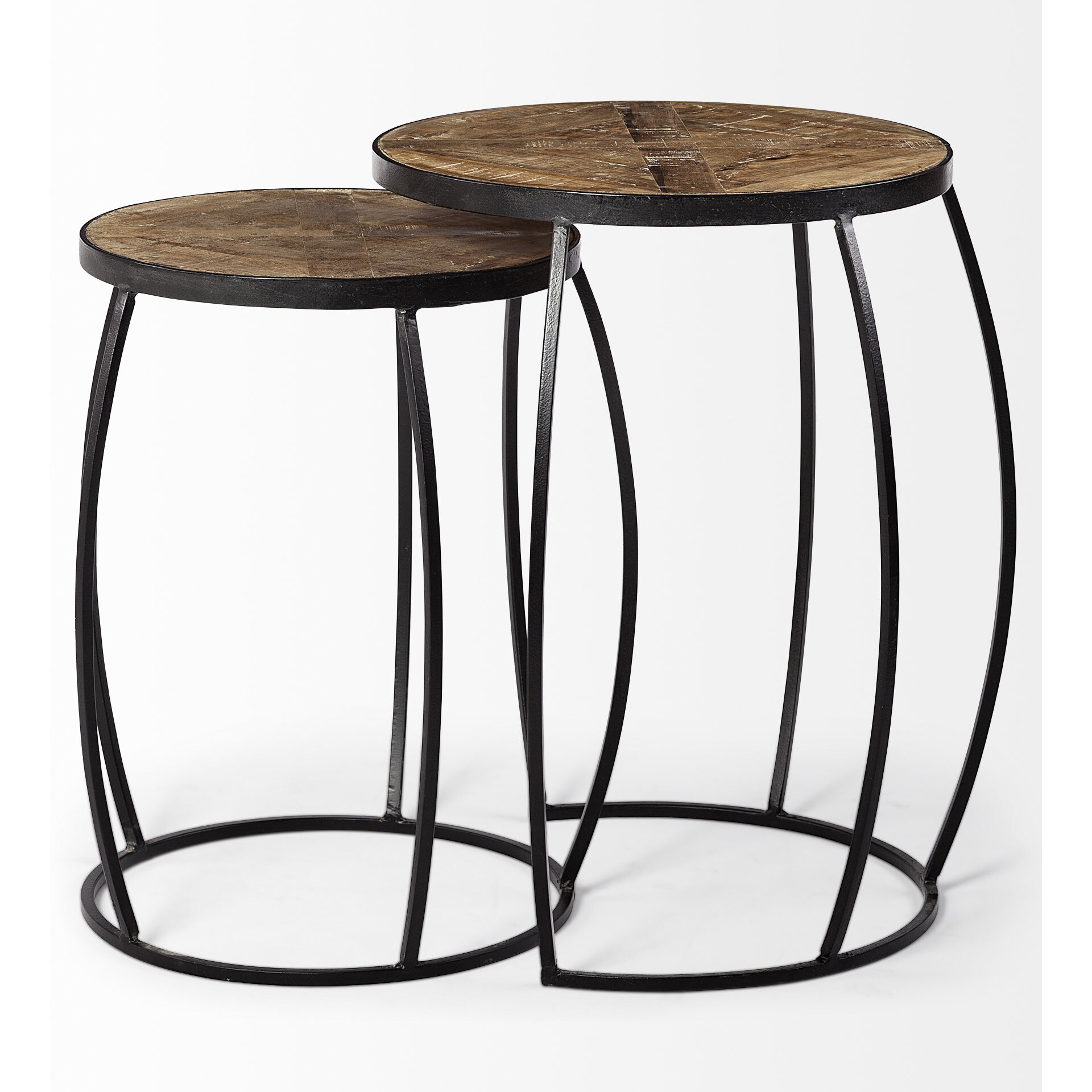Set Of 2 Brown Wooden Round Top Accent Tables With Black Metal Frame Nesting