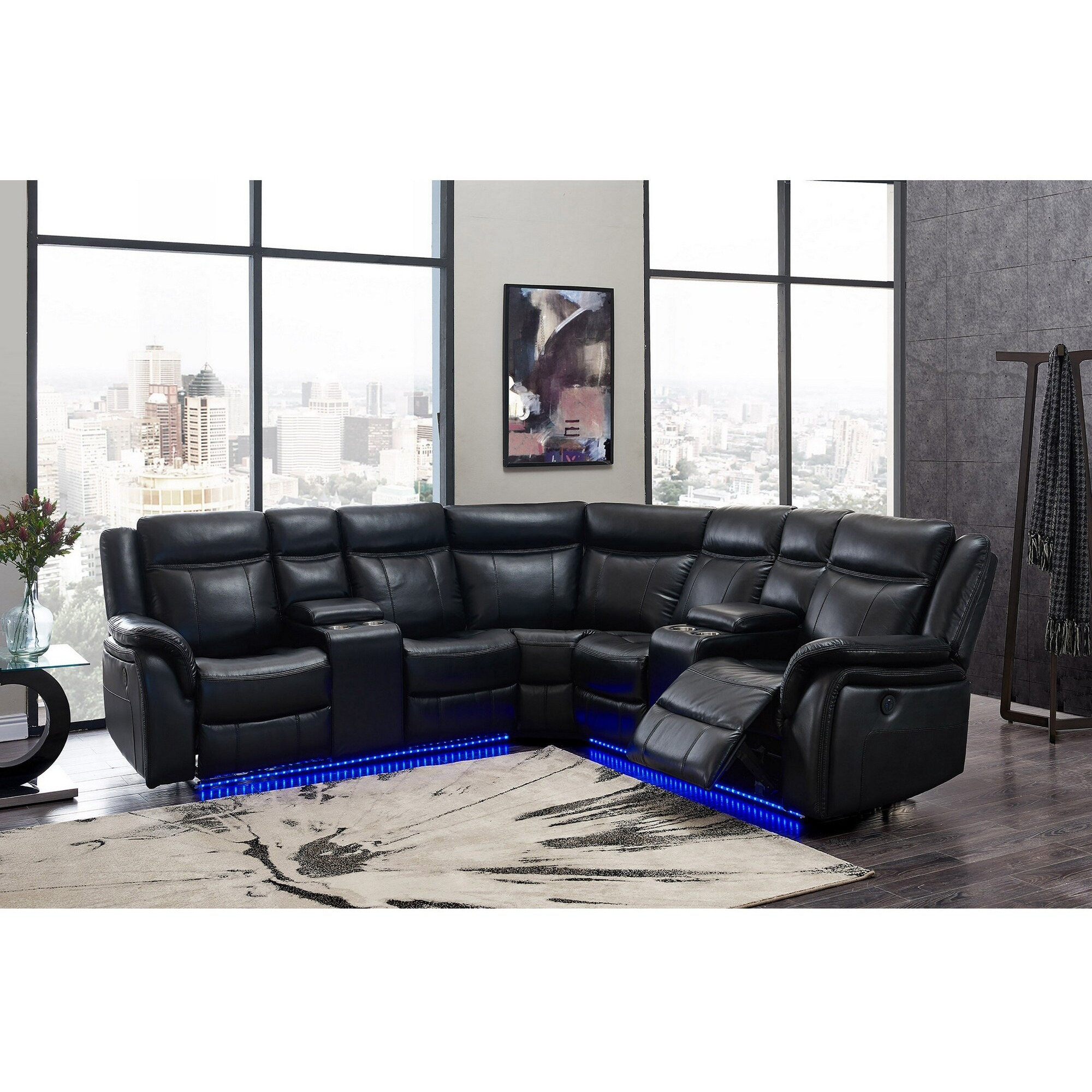 Power Reclining Sectional Sofa In Black Leather Air