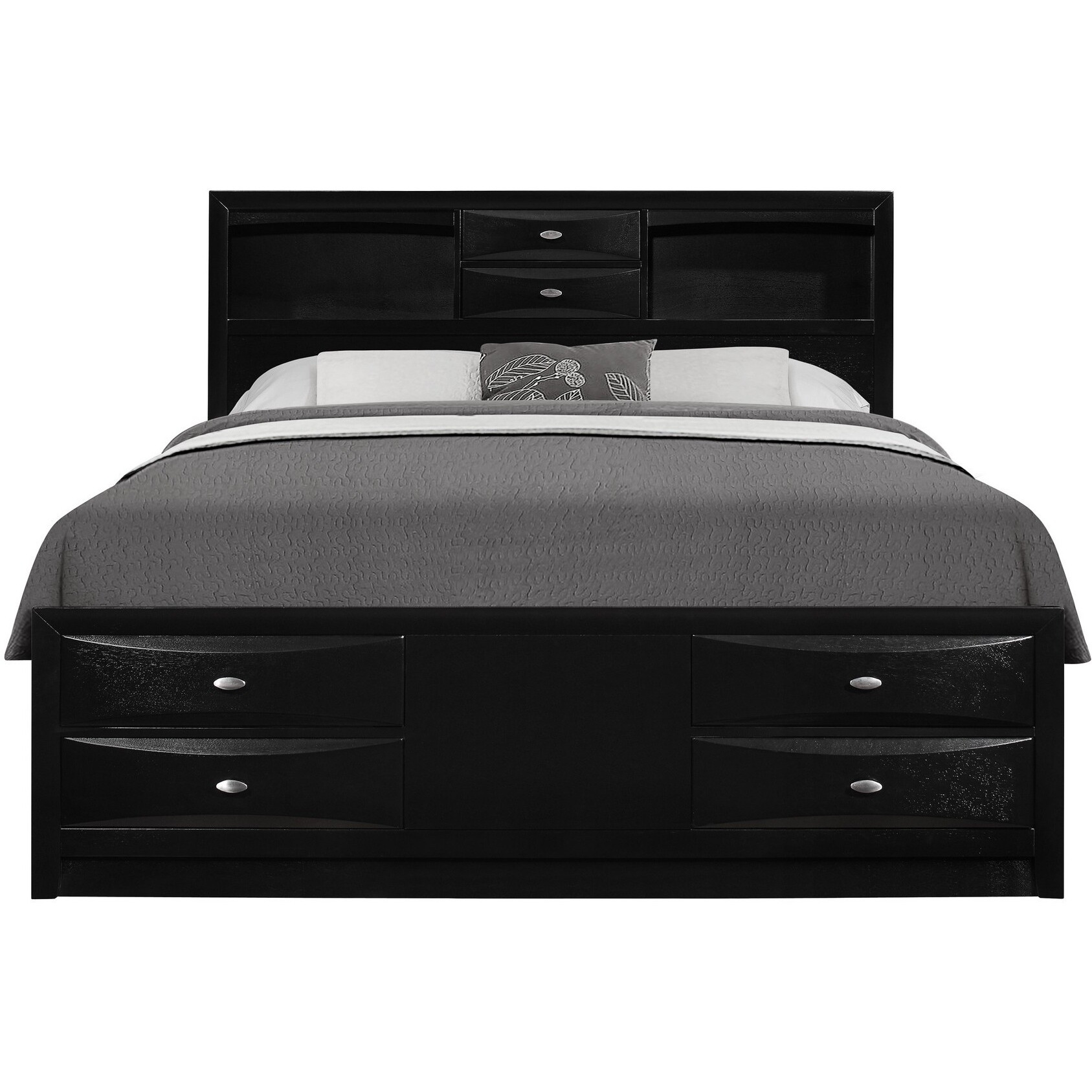 Black Veneer Full Bed With Bookcase Headboard  10 Drawers