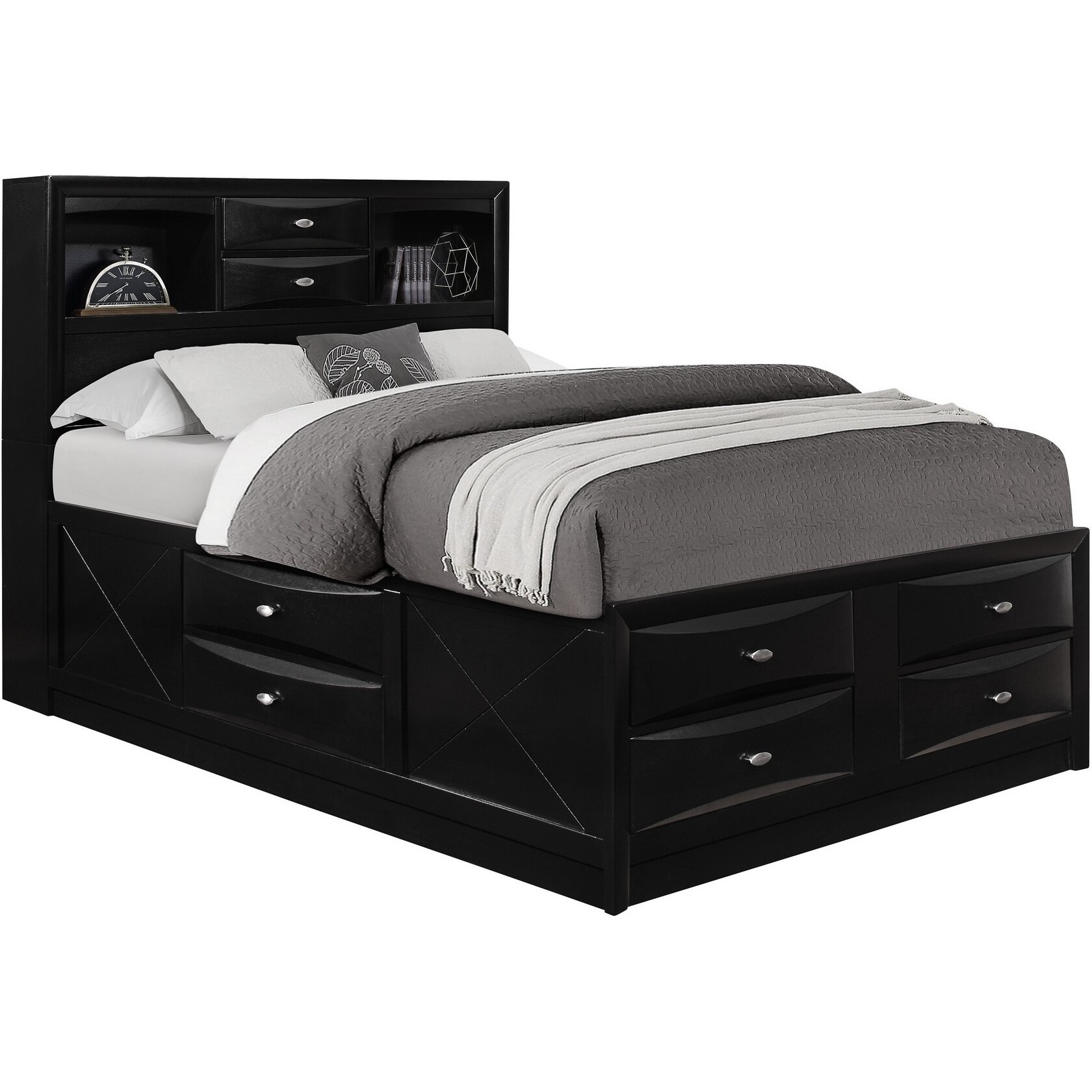 Black Veneer Full Bed With Bookcase Headboard  10 Drawers