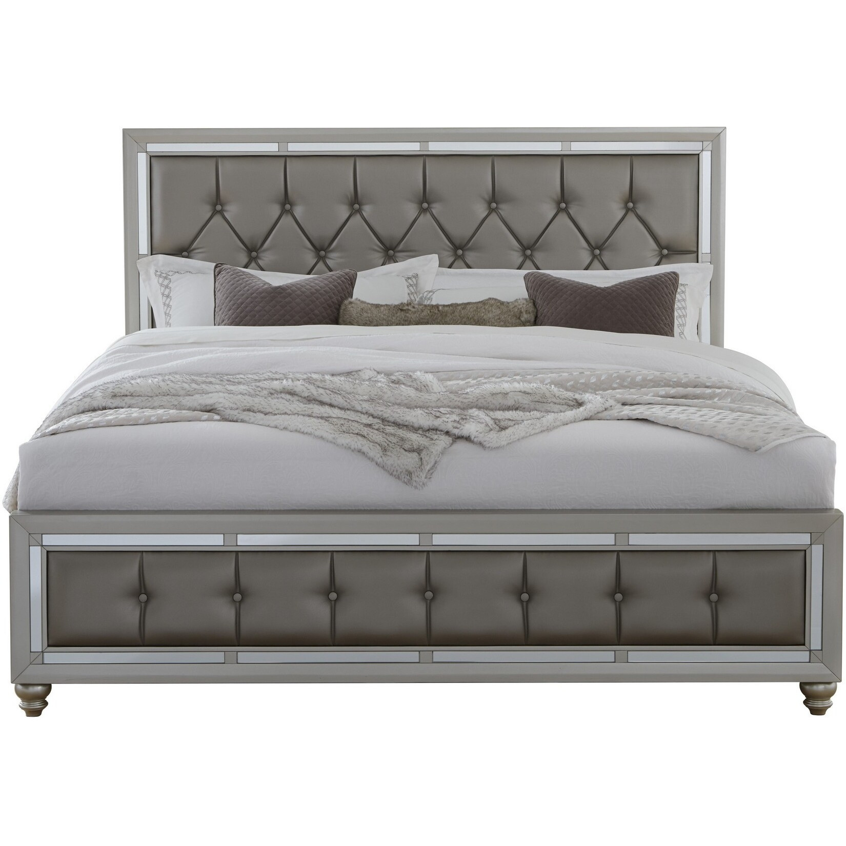 Silver Champagne Tone Queen Bed  Padded Headboard  Padded Footboard  Mirror Trim Accents