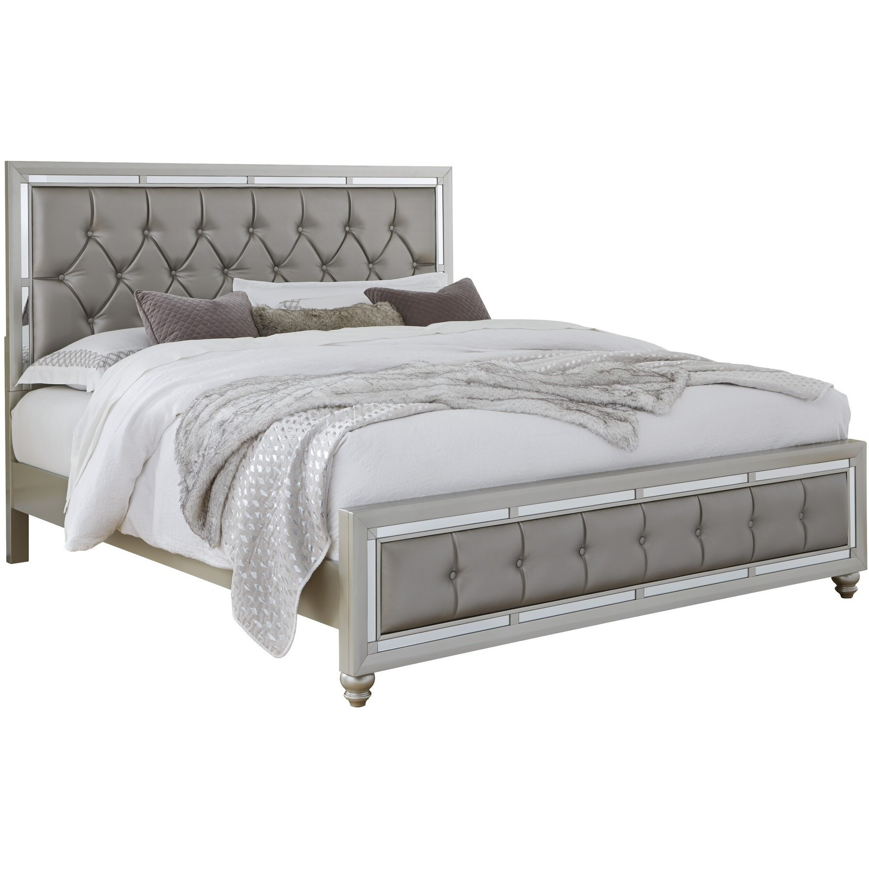 Silver Champagne Tone Queen Bed  Padded Headboard  Padded Footboard  Mirror Trim Accents