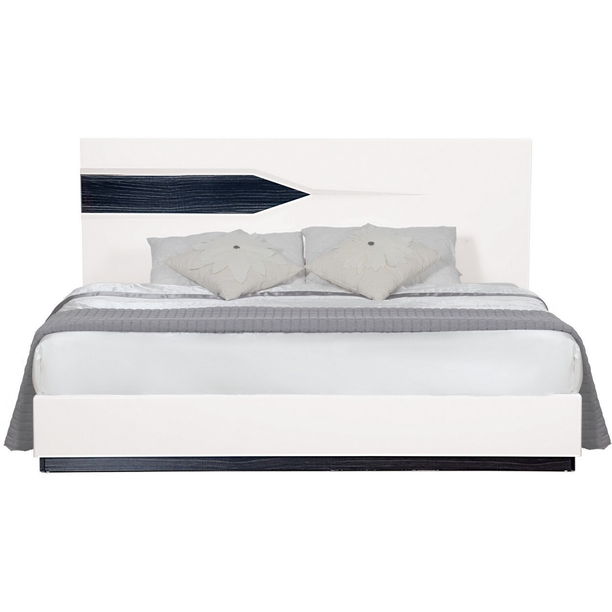White Tone Queen Bed With Dark Grey Zebrano Details On Headboard And Bottom Rail Accent