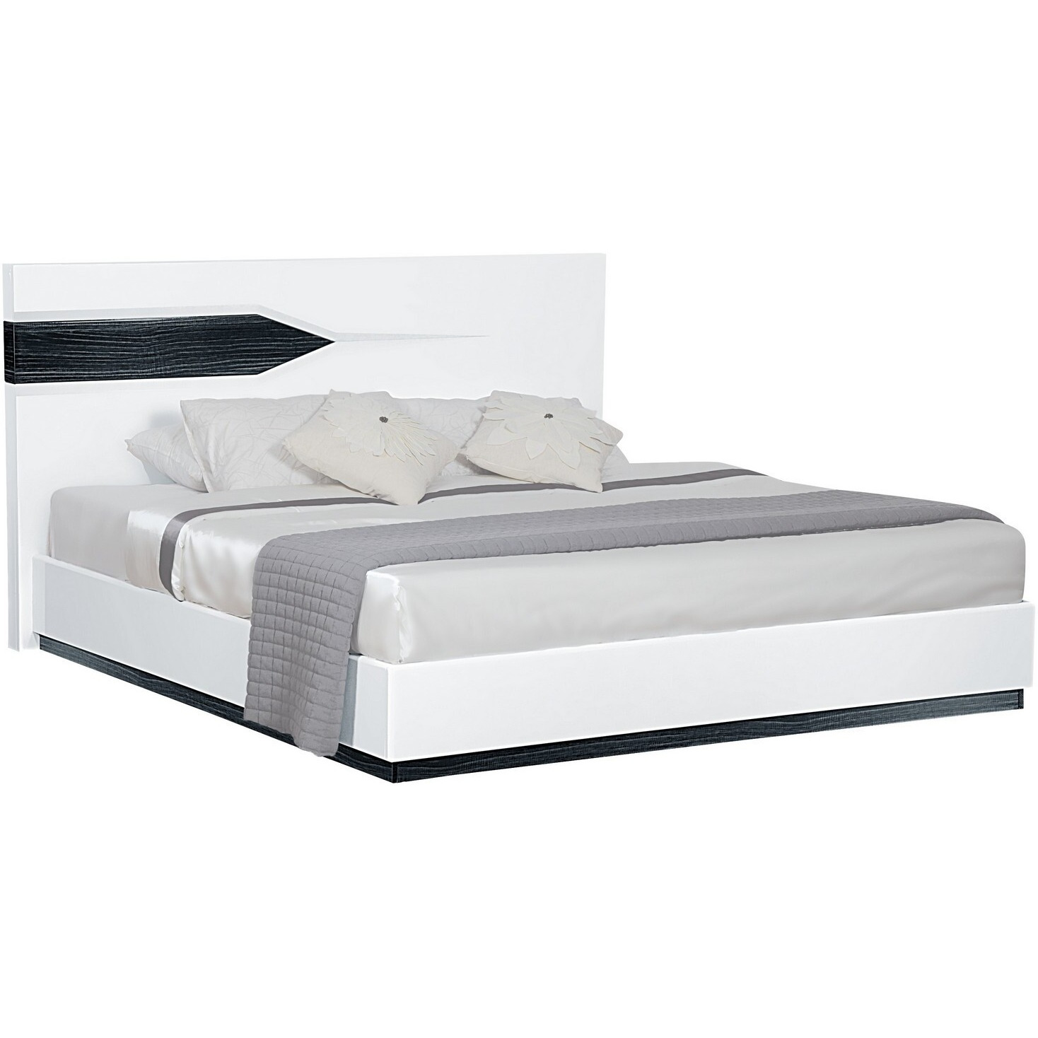 White Tone Queen Bed With Dark Grey Zebrano Details On Headboard And Bottom Rail Accent