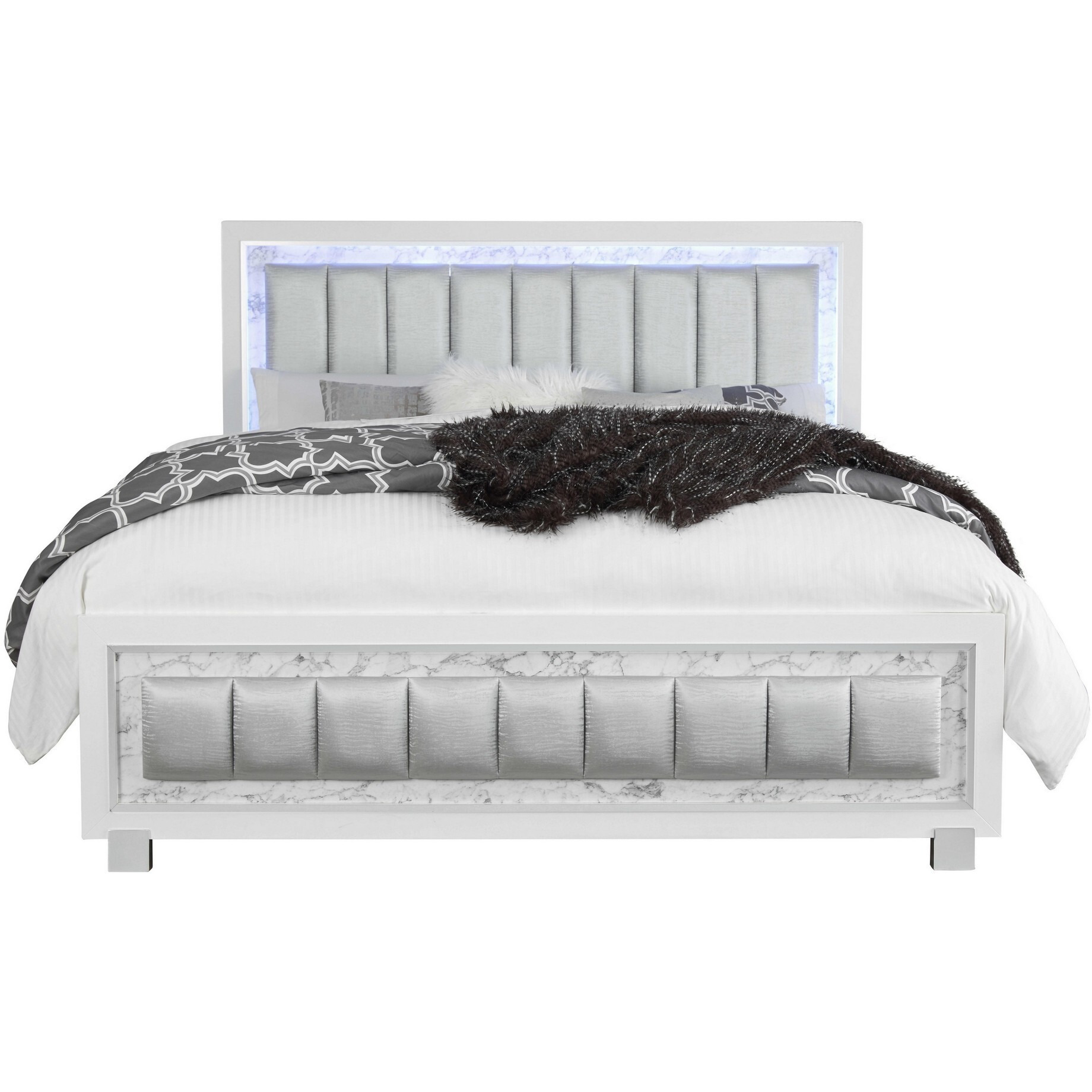 Modern Luxurious White Full Bed With Padded Headboard  Led Lightning
