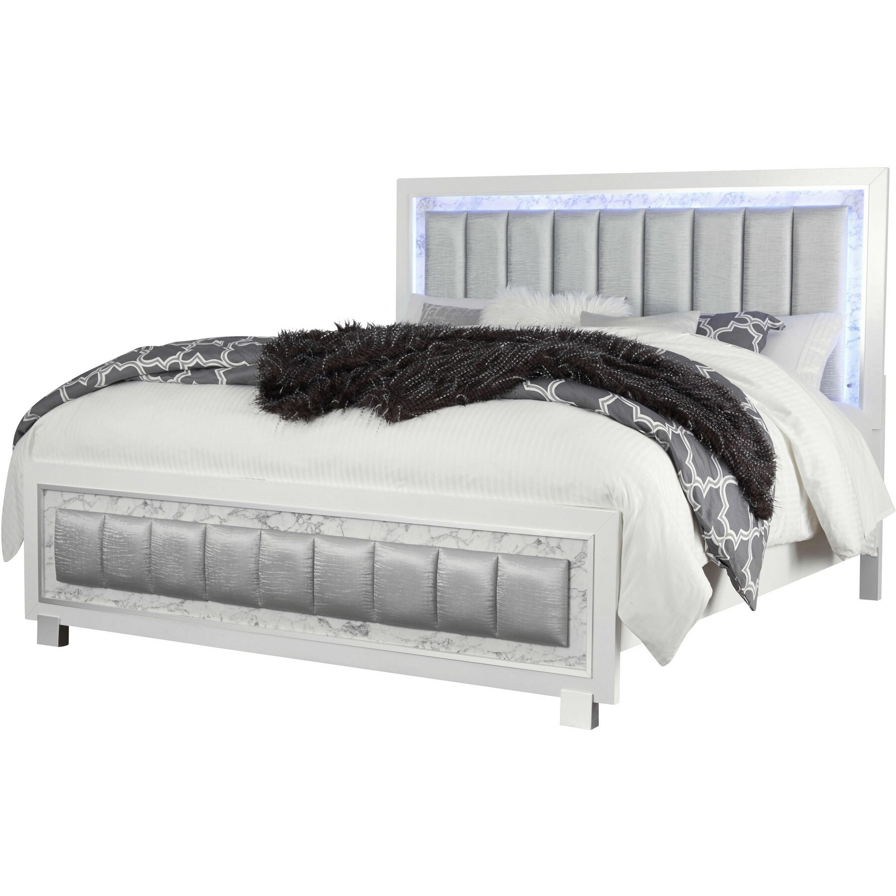 Modern Luxurious White Full Bed With Padded Headboard  Led Lightning