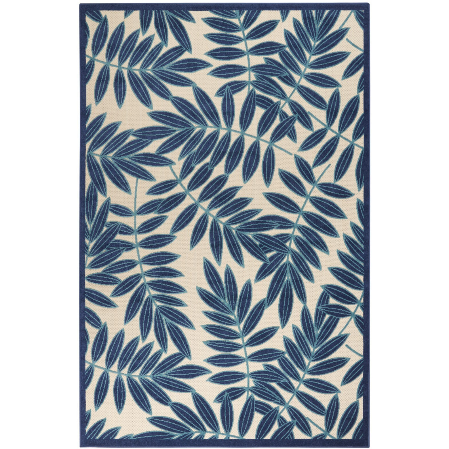 6 X 9 Navy And Beige Leaves Indoor Outdoor Area Rug