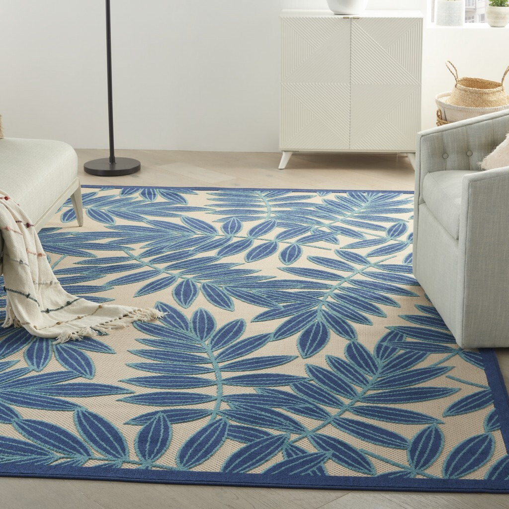 6 X 9 Navy And Beige Leaves Indoor Outdoor Area Rug