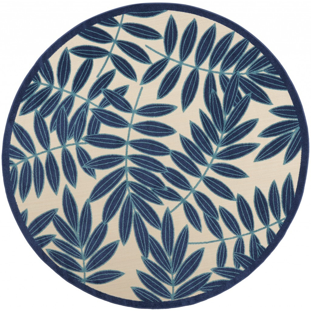 8 Round Navy And Beige Leaves Indoor Outdoor Area Rug