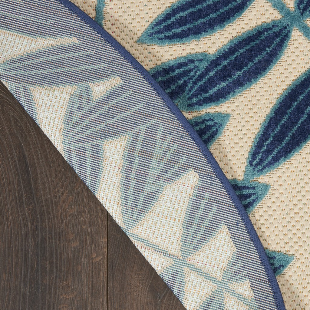 8 Round Navy And Beige Leaves Indoor Outdoor Area Rug