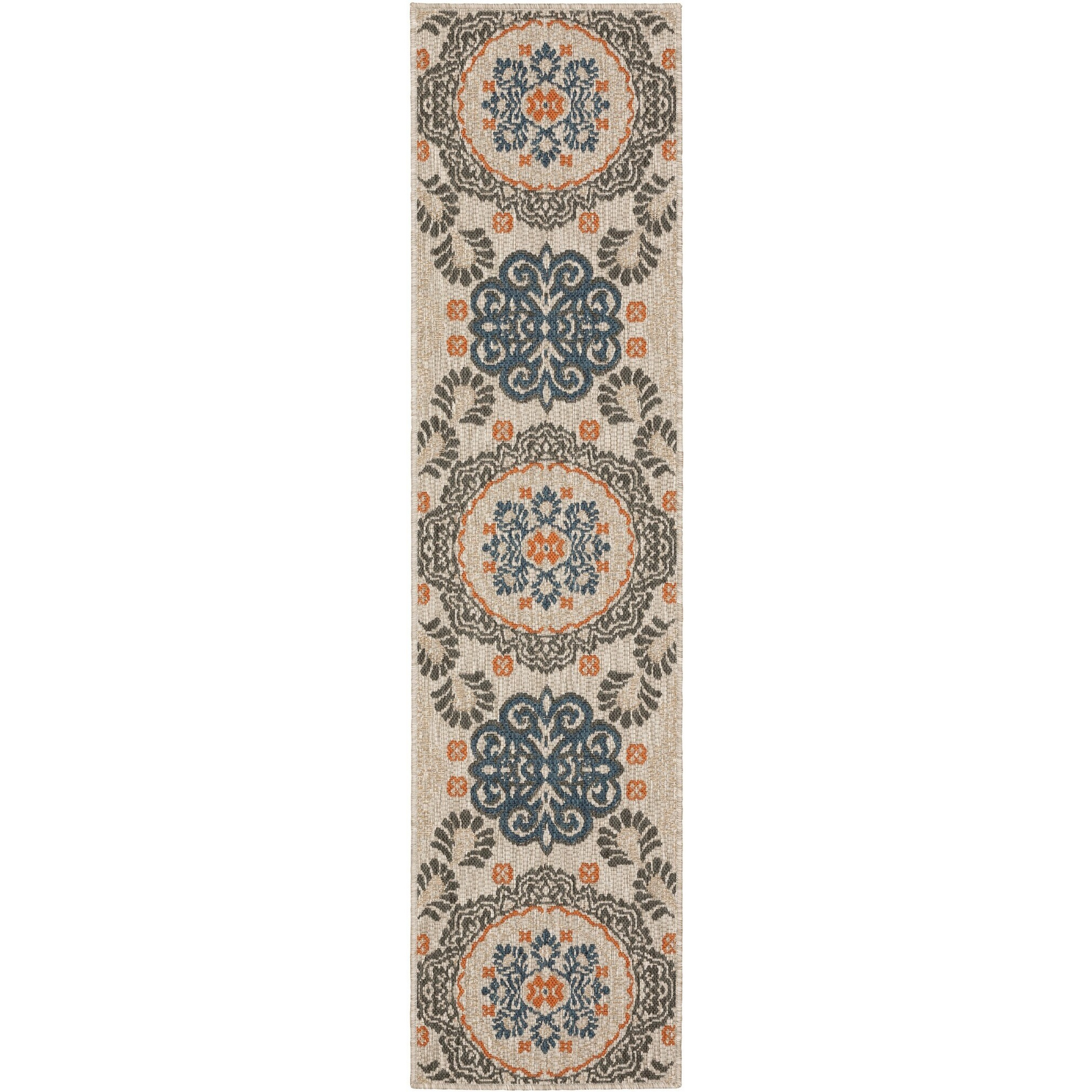 8' Grey Blue  Floral Indoor Outdoor Runner Rug
