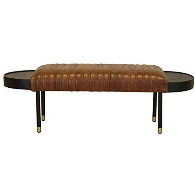 Warm Brown Leather And Solid Wood Bench