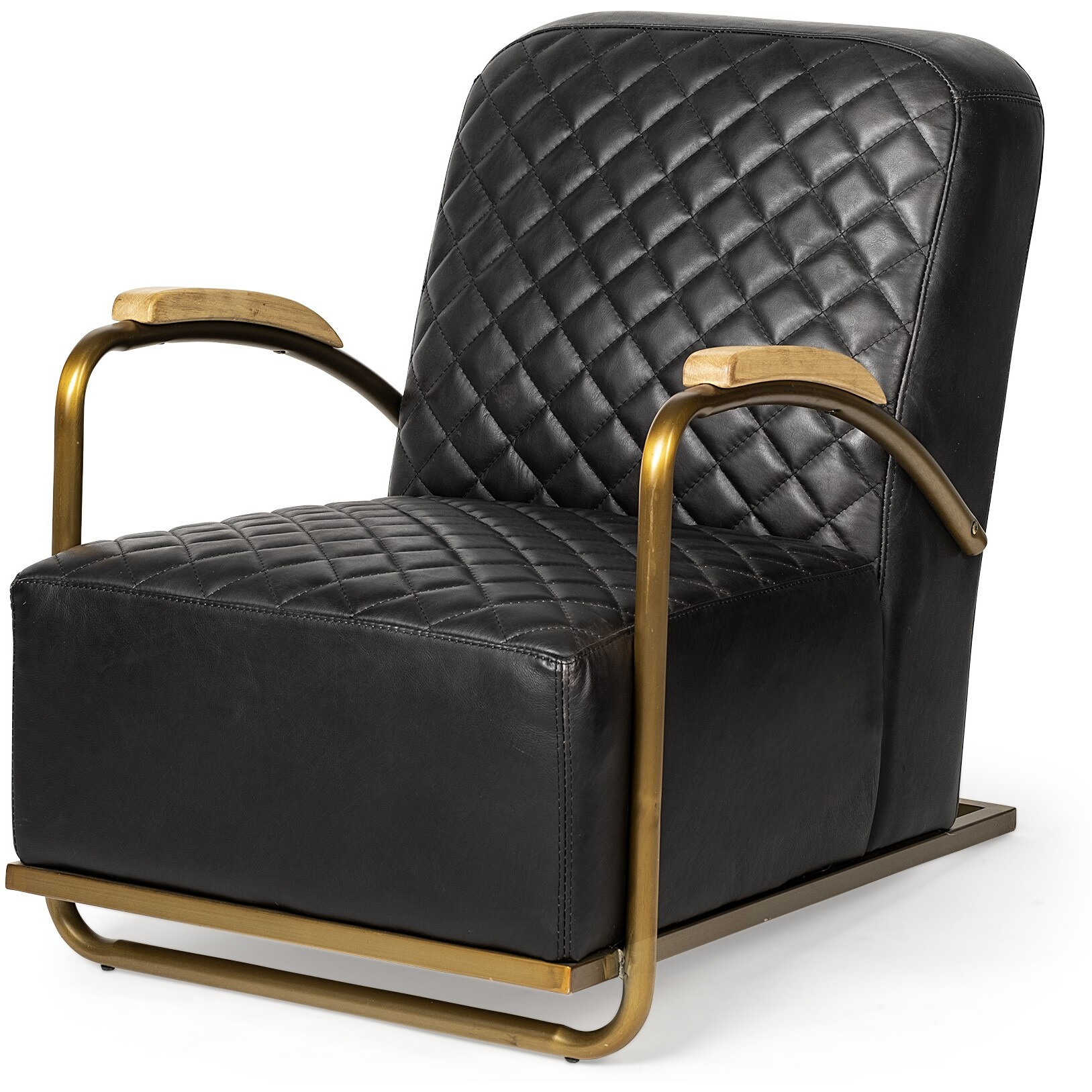 Black Leather Diamond Pattern Gold Club Chair