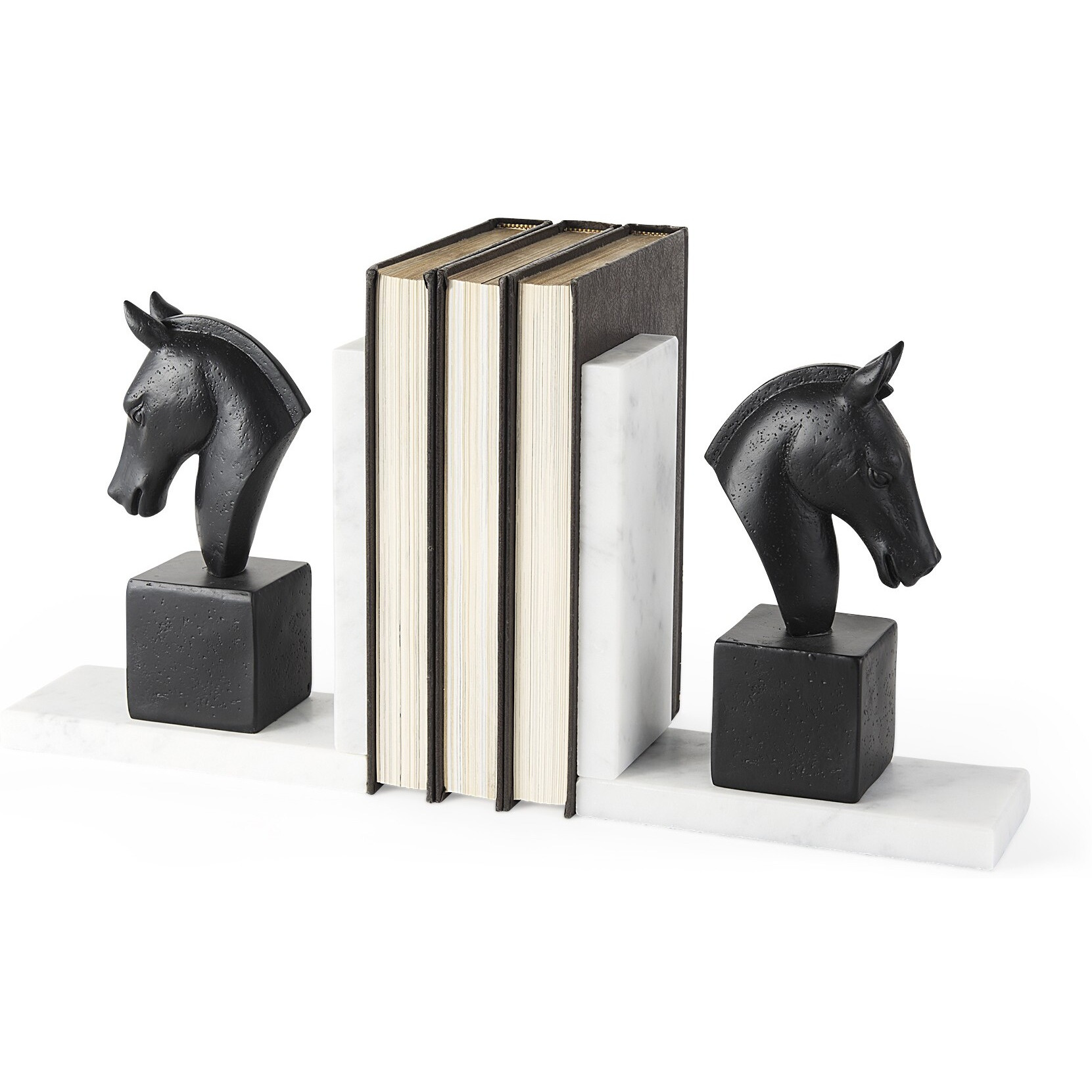 Black Stallion On White Marble Bookends
