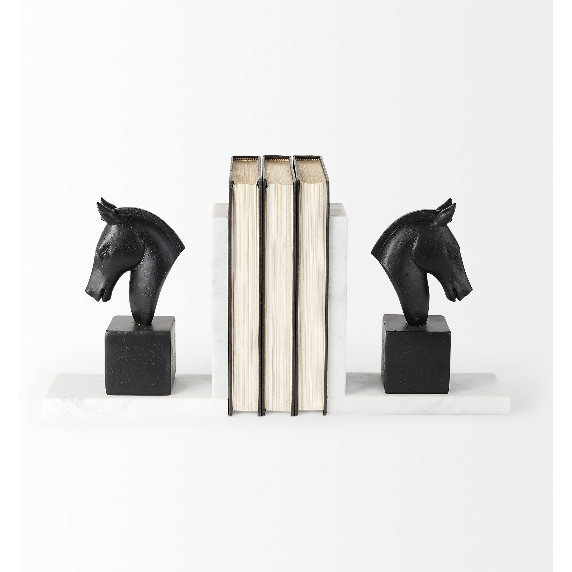 Black Stallion On White Marble Bookends