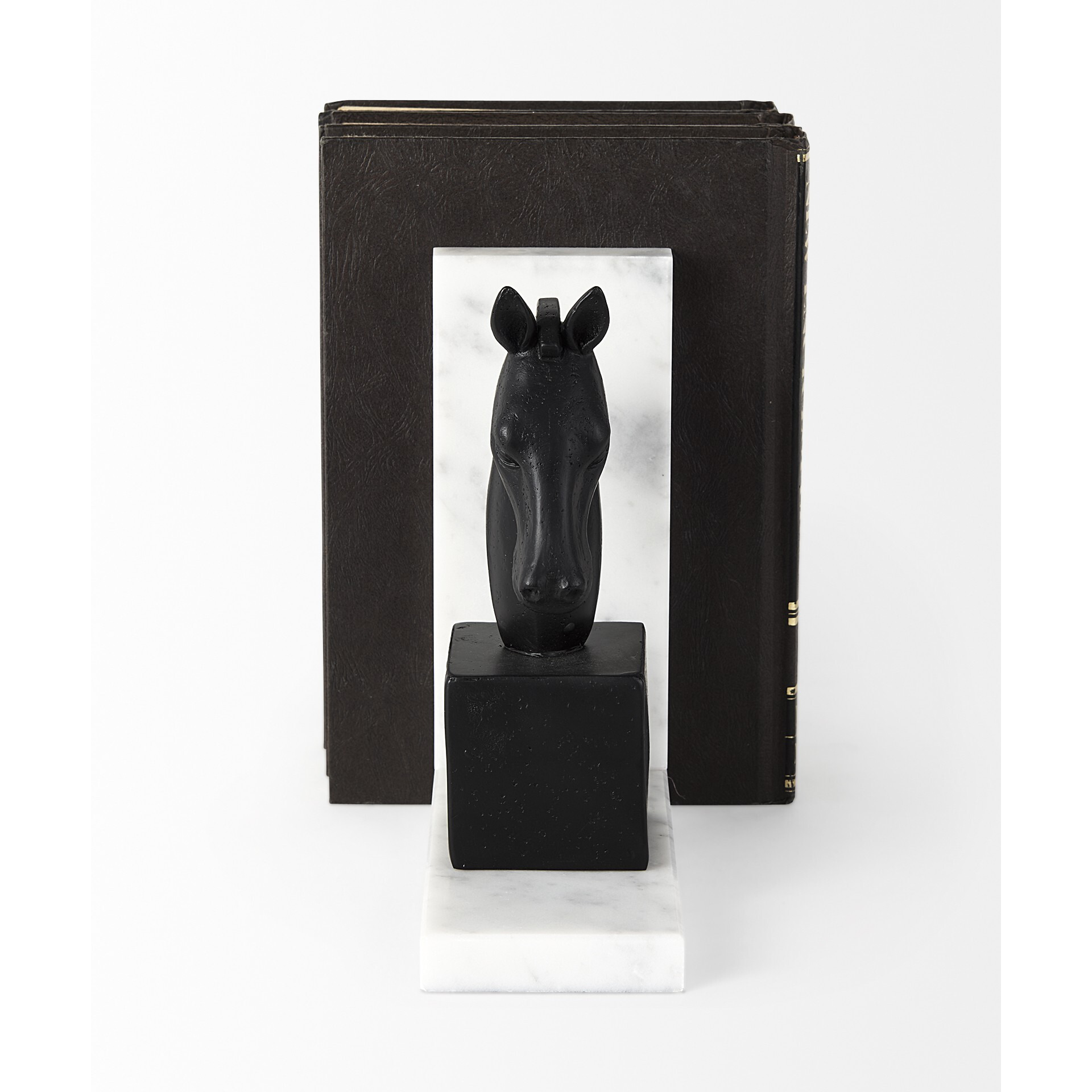 Black Stallion On White Marble Bookends