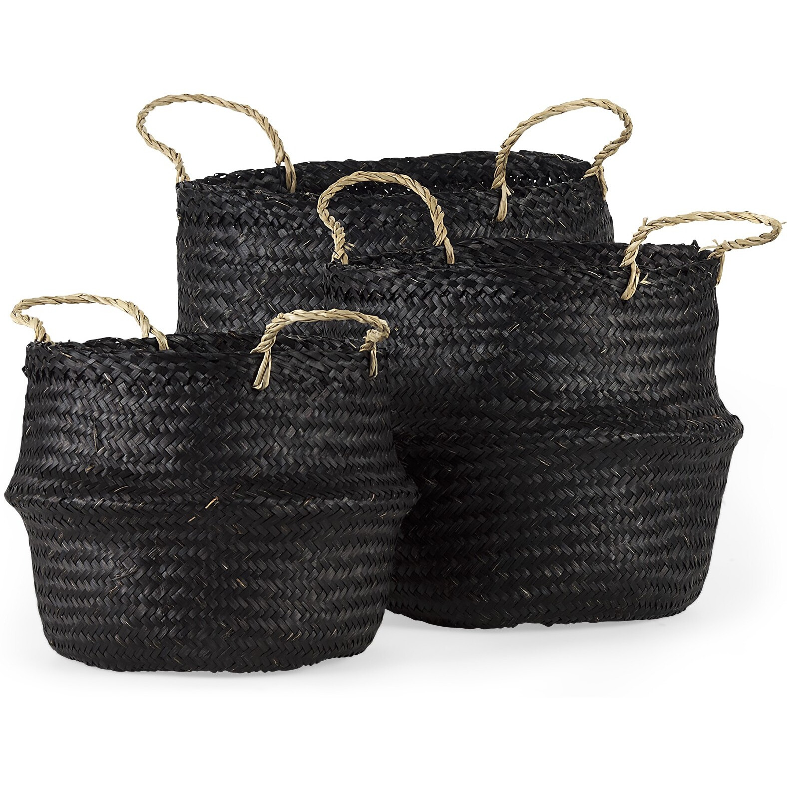 Set Of Three Black Wicker Storage Baskets