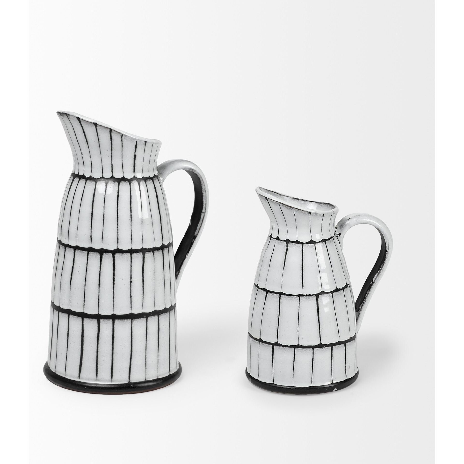 13"" White And Black Artisan Glaze Ceramic Pitcher