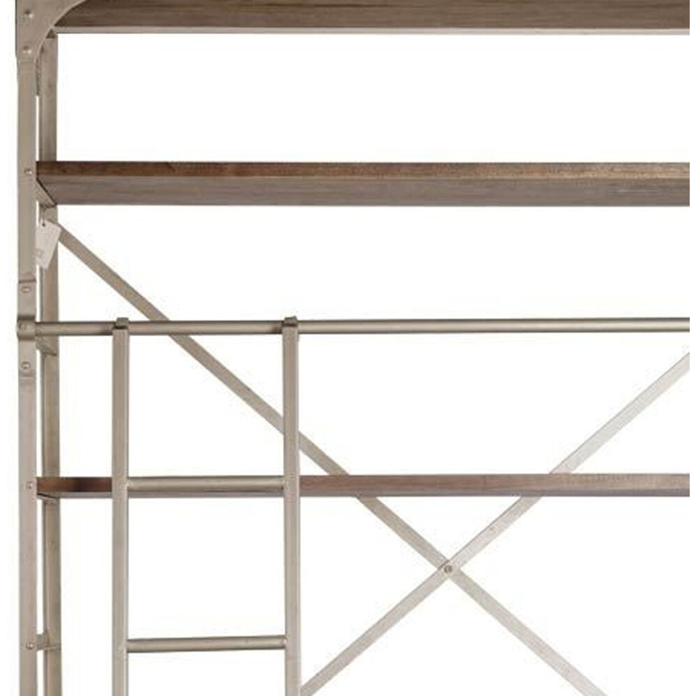 Gray Metal Shelving Unit With Light Brown Storage
