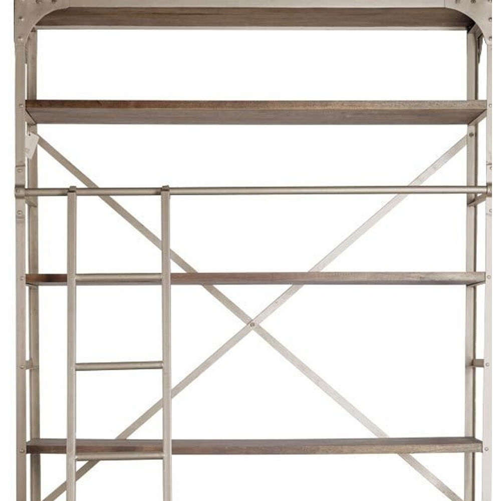 Gray Metal Shelving Unit With Light Brown Storage