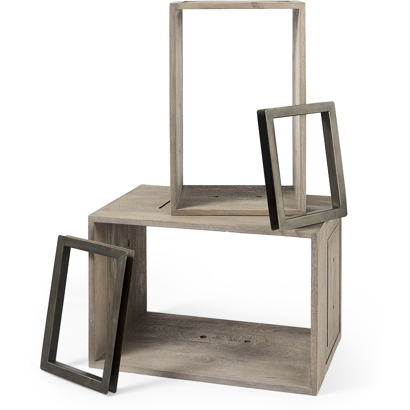 Set Of Two Rustic Light Gray Brown Cube Box Shelves
