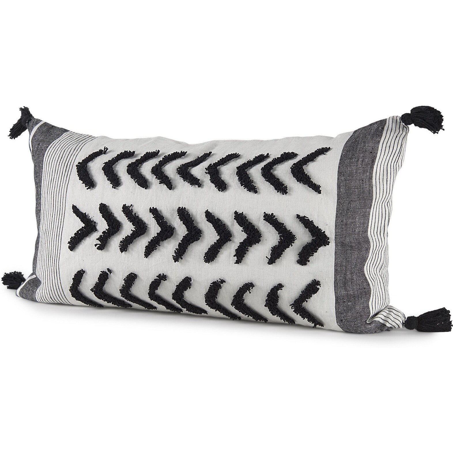 White And Gray Fringed Lumbar Pillow Cover