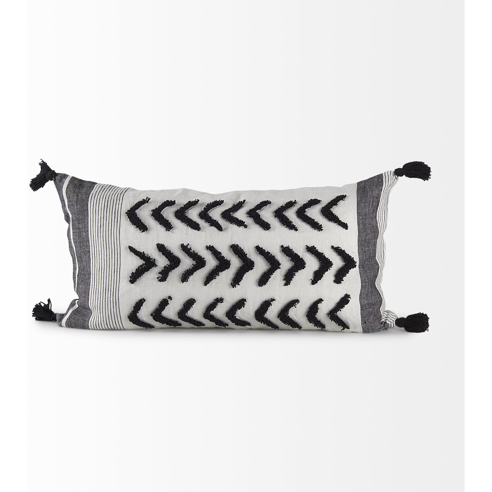White And Gray Fringed Lumbar Pillow Cover