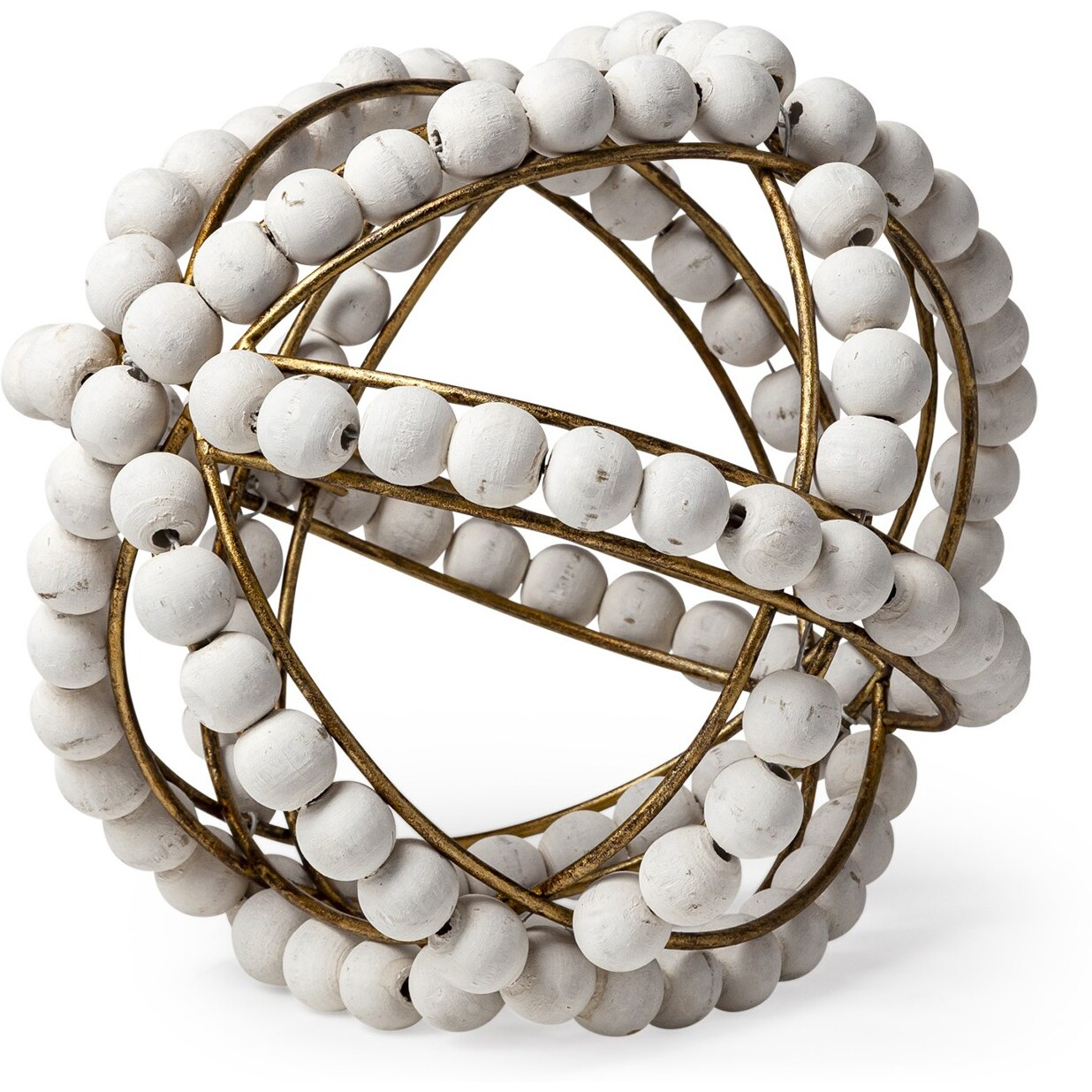 9"" White Wooden Bead And Gold Orb Sculpture