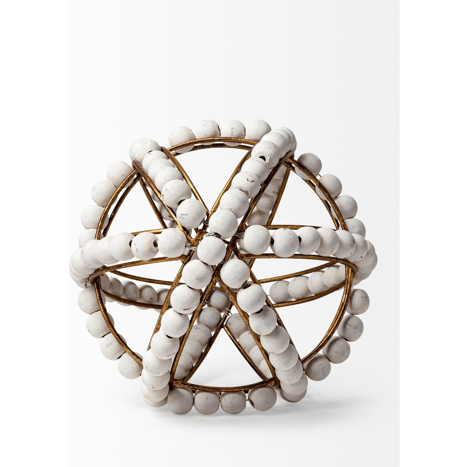 9"" White Wooden Bead And Gold Orb Sculpture