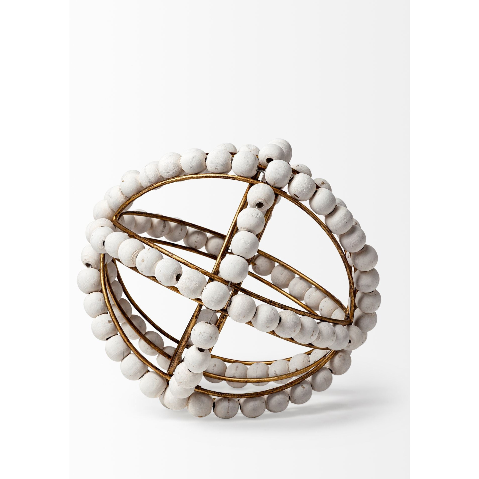 9"" White Wooden Bead And Gold Orb Sculpture