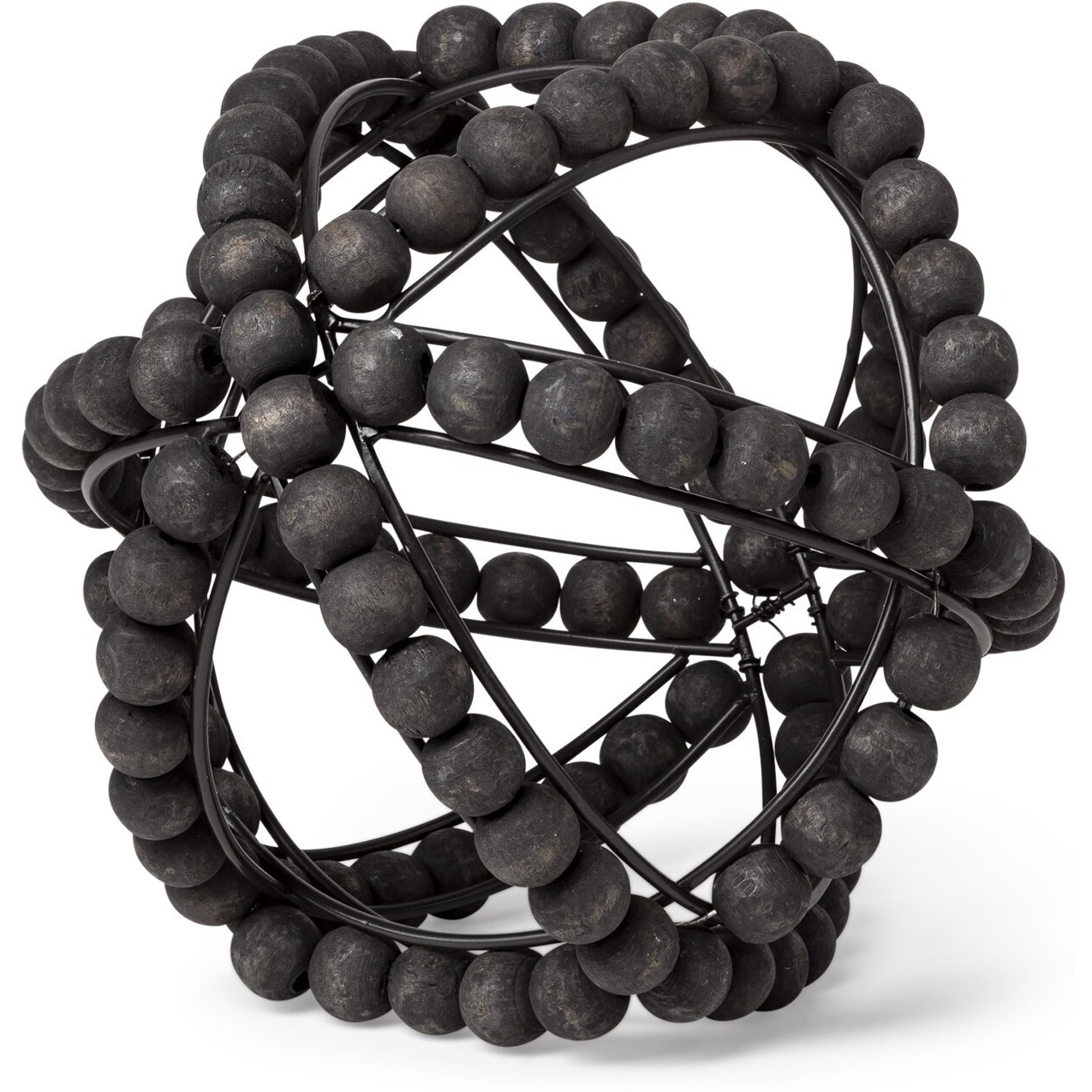 9"" Black Wooden Bead And Metal Orb Sculpture