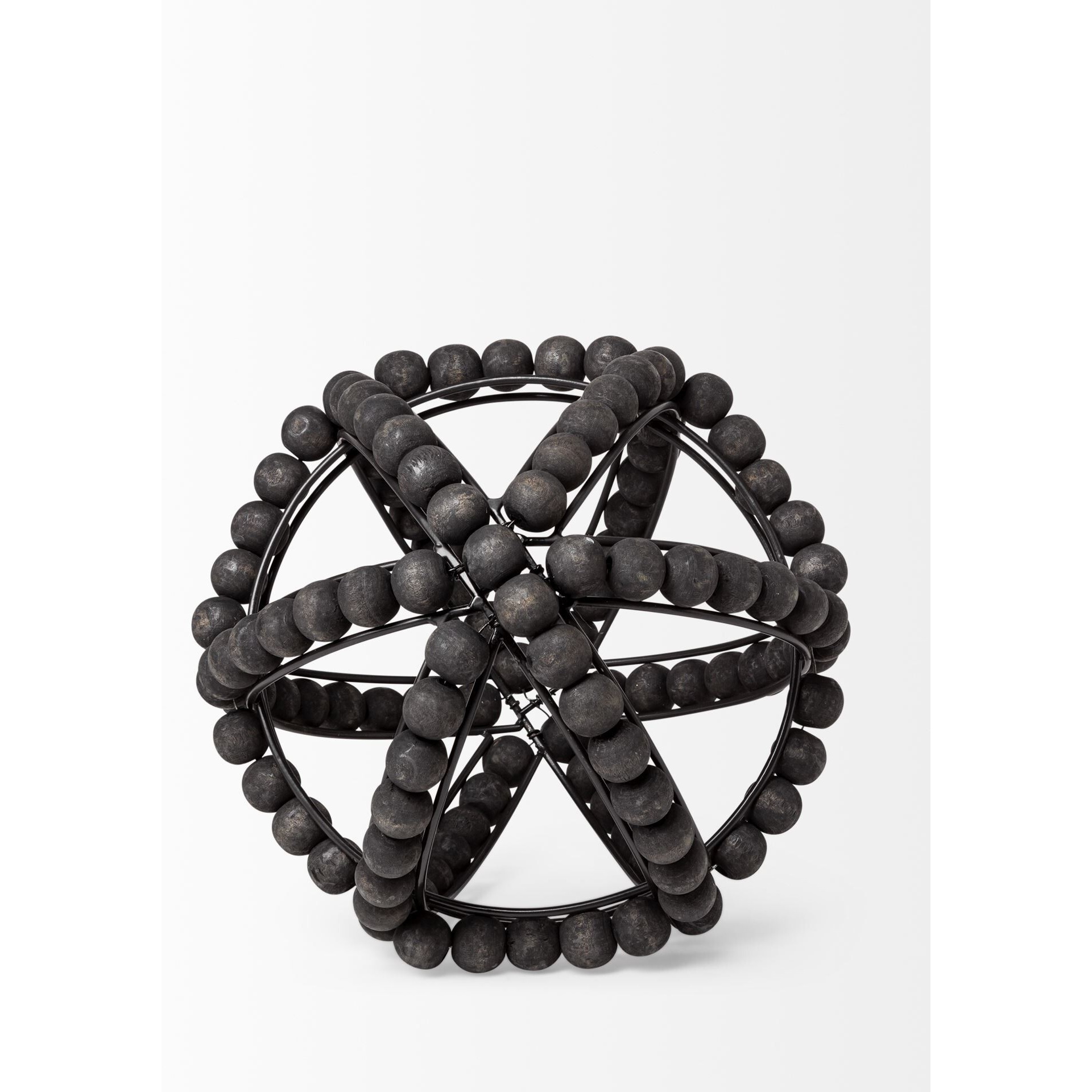 9"" Black Wooden Bead And Metal Orb Sculpture